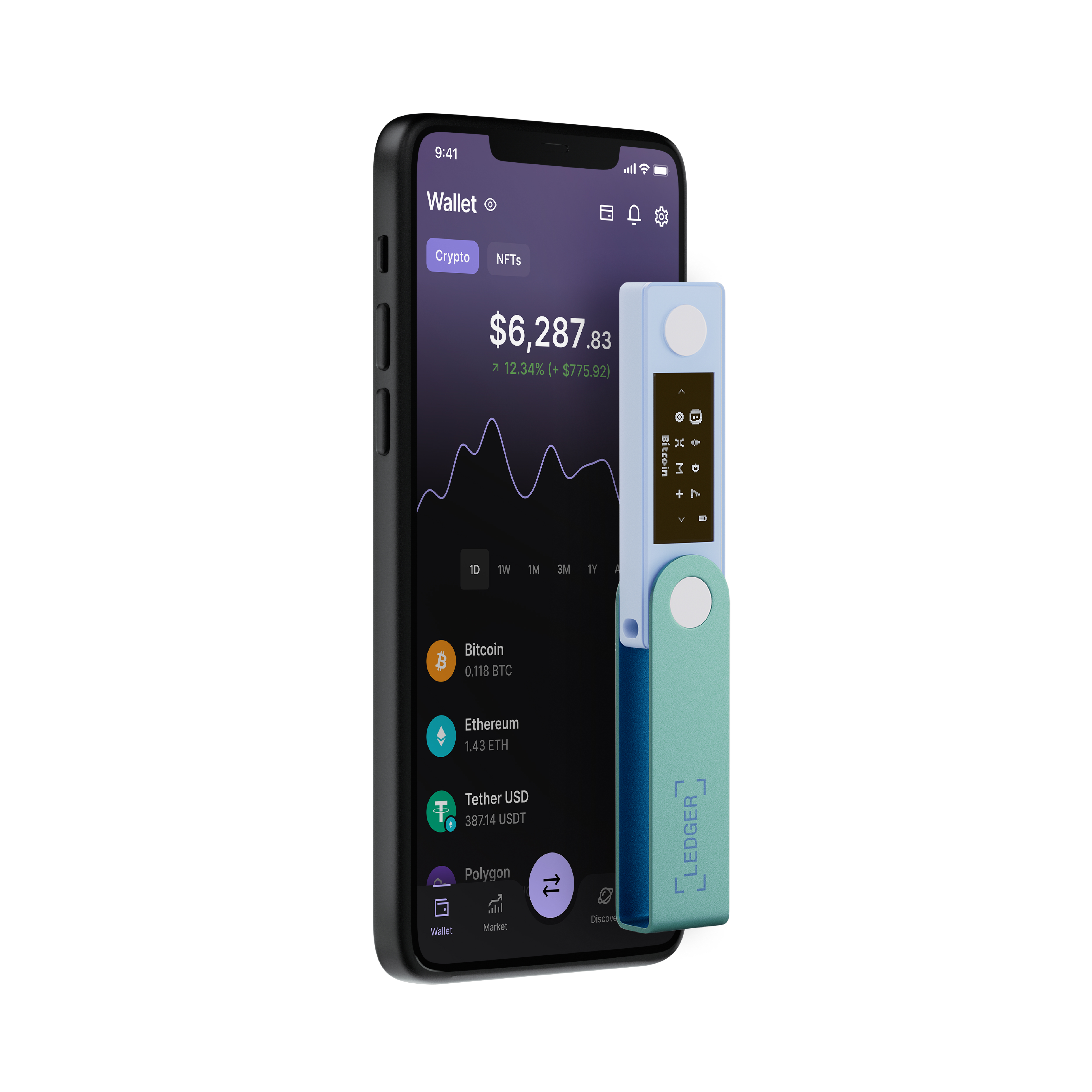 Kripto para cüzdanı uygulaması ve Ledger Nano S Plus cihazı olan siyah bir telefon.