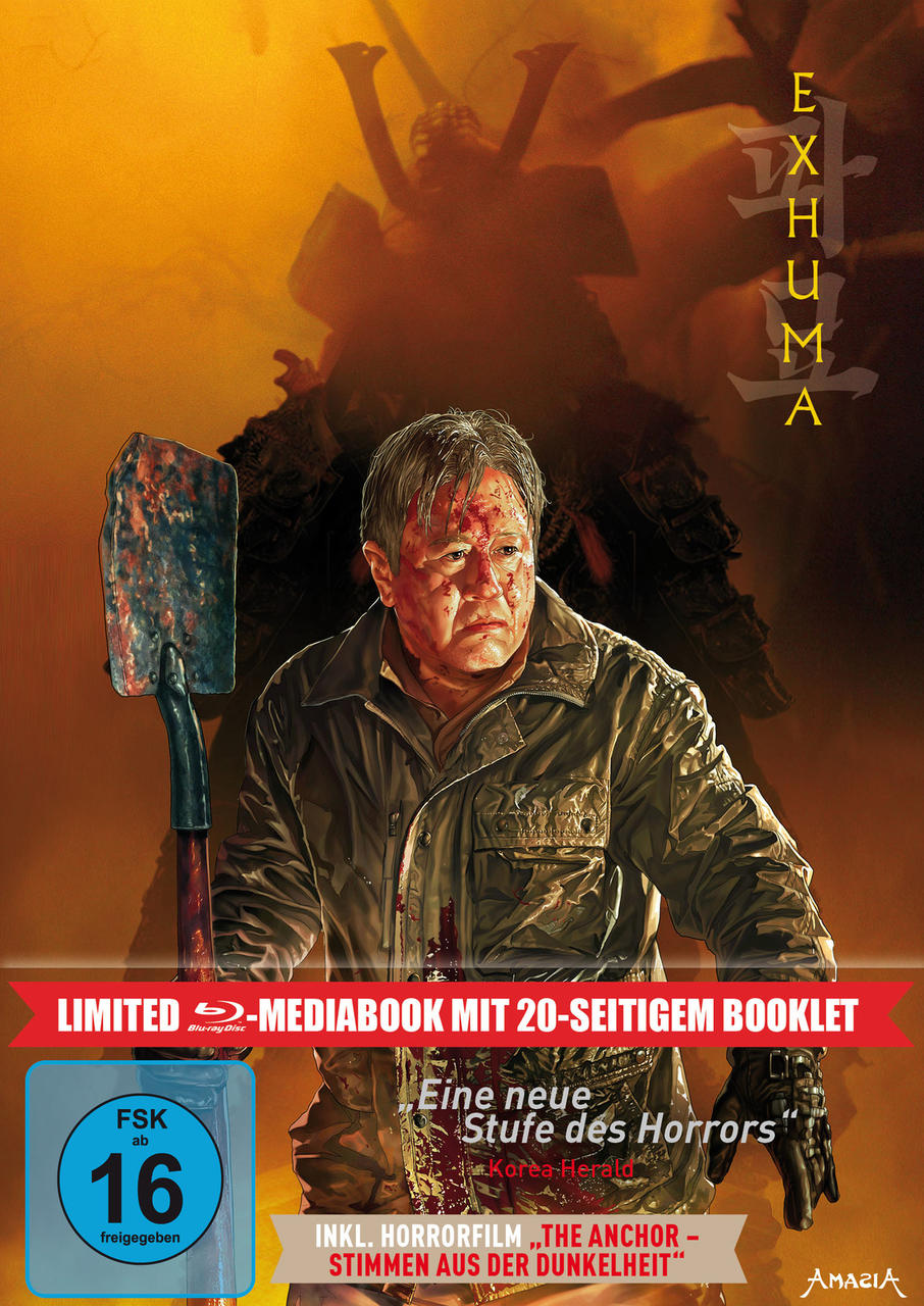 Filmcover mit einem Mann, der verängstigt aussieht und mit Blut bedeckt ist. Der Titel lautet 'Exhuma'.