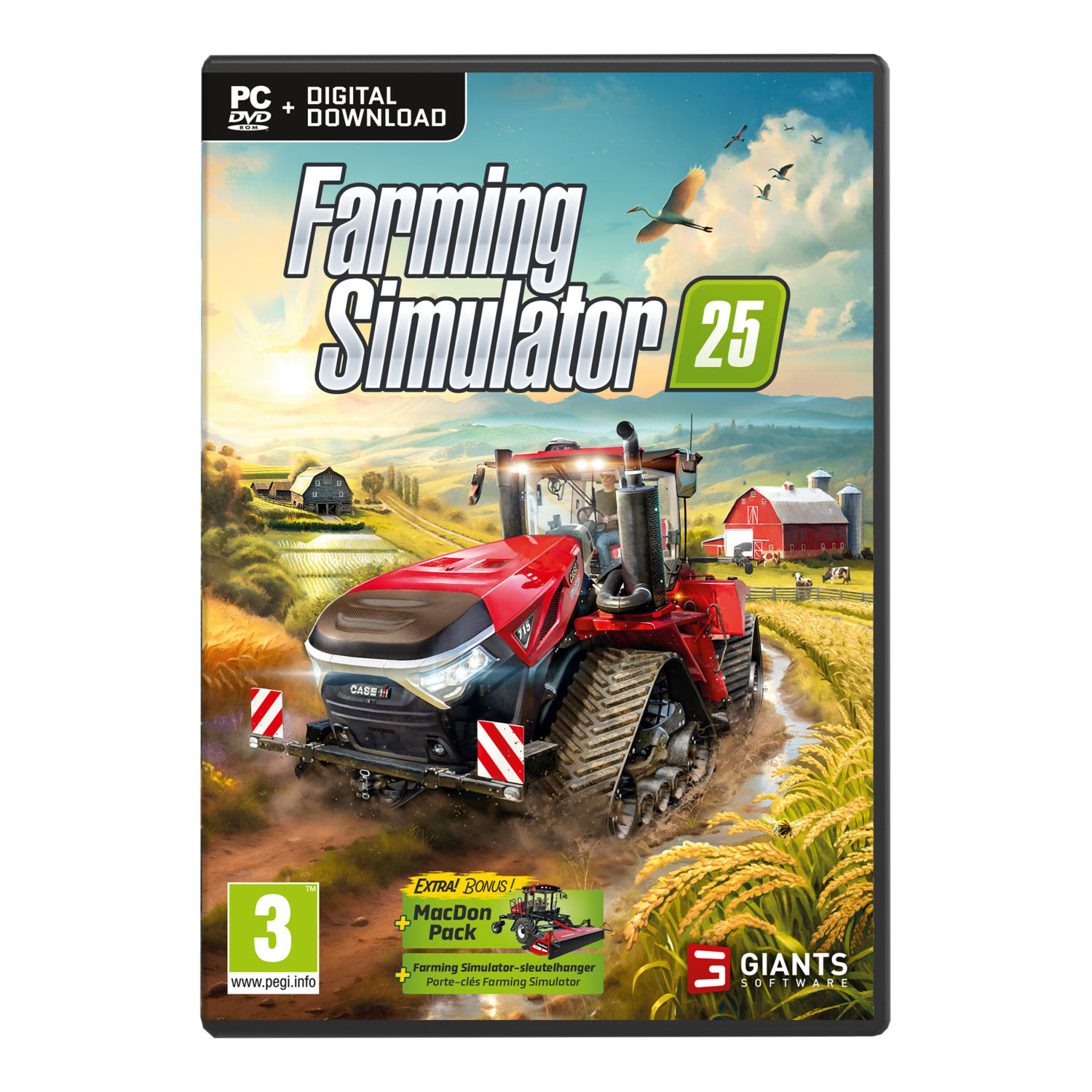 Farming Simulator 25 game box art. Een rode tractor in een modderig veld met een boerderij op de achtergrond.