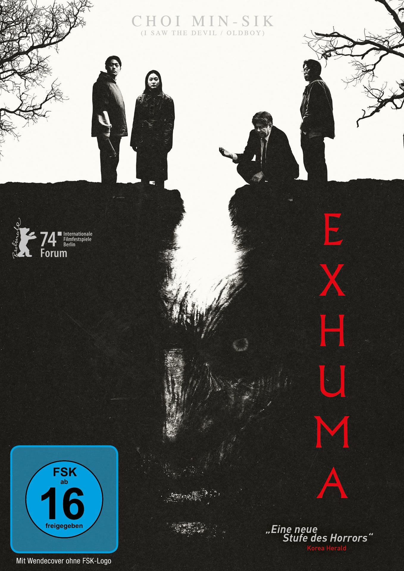 Filmposter für 'Exhuma'. Zeigt vier Figuren an einem Grab und ein monströses Gesicht im Boden.