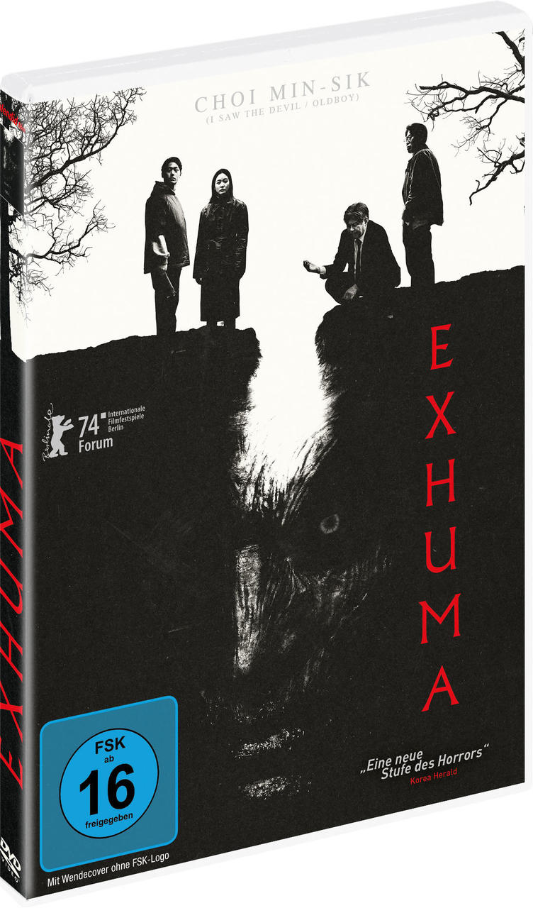 DVD-Hülle für den Film 'Exhuma'. Das Cover zeigt ein dunkles Bild von Gesichtern und Personen.