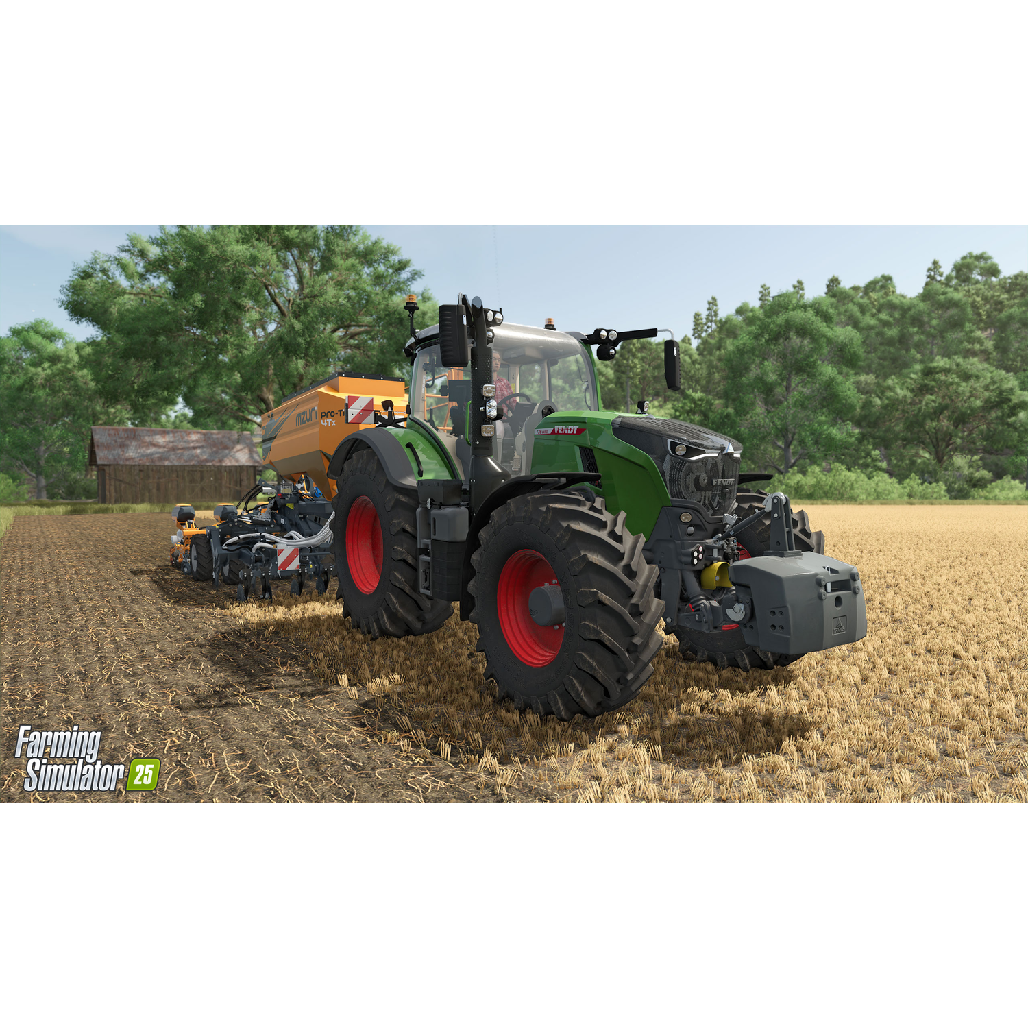 Een tractor met een aanhanger in een veld, de game Farming Simulator 25 is zichtbaar.