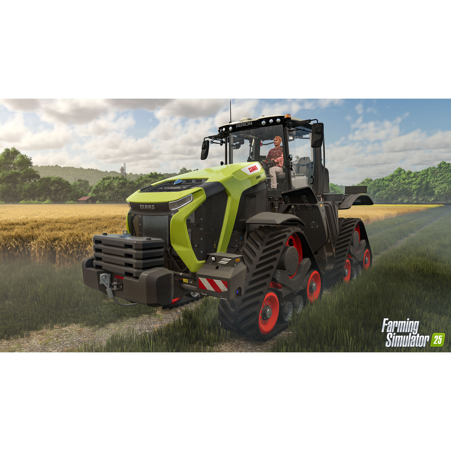 Groene en zwarte tractor in een veld. Farming Simulator 25 logo.