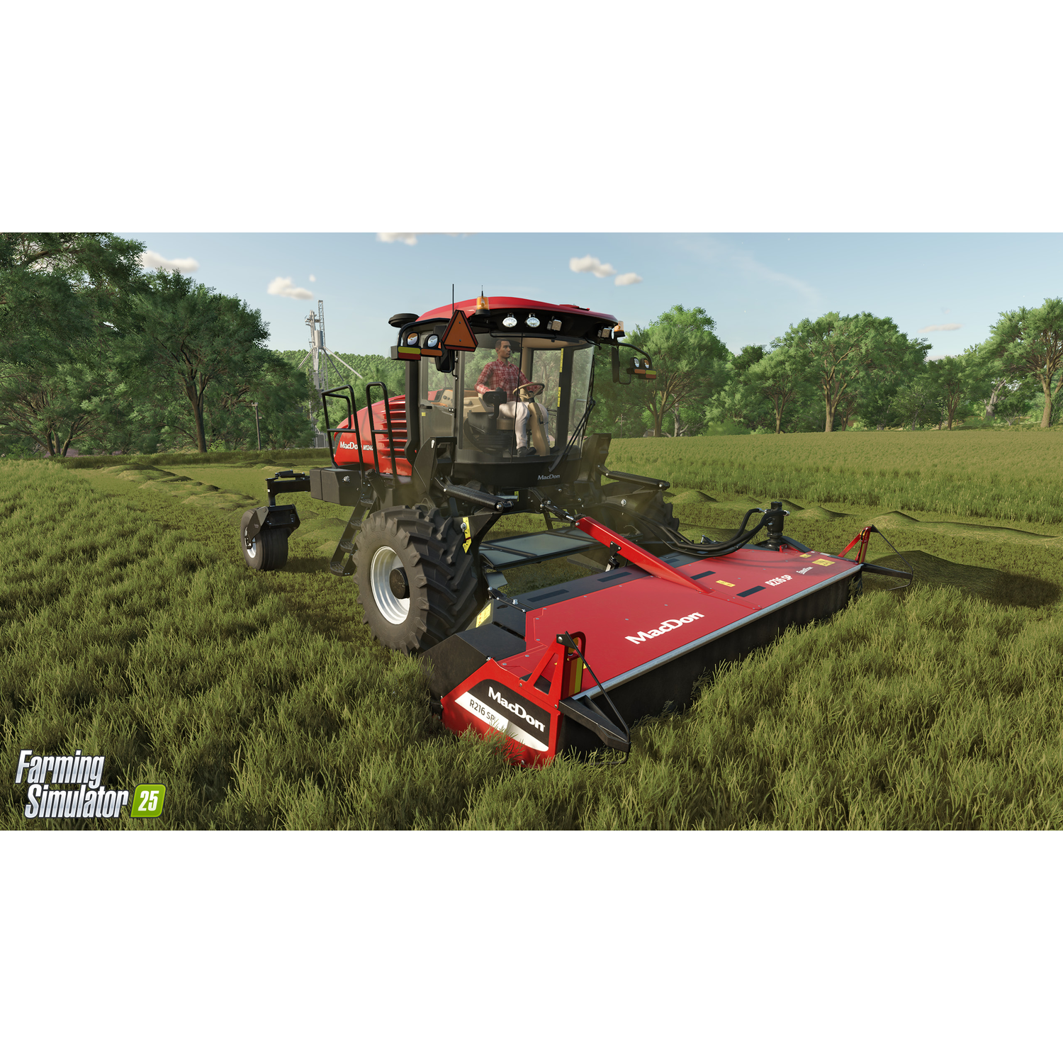 Een rode en zwarte MacDon maaier die gras maait in een veld met een man die rijdt. Bomen op de achtergrond.