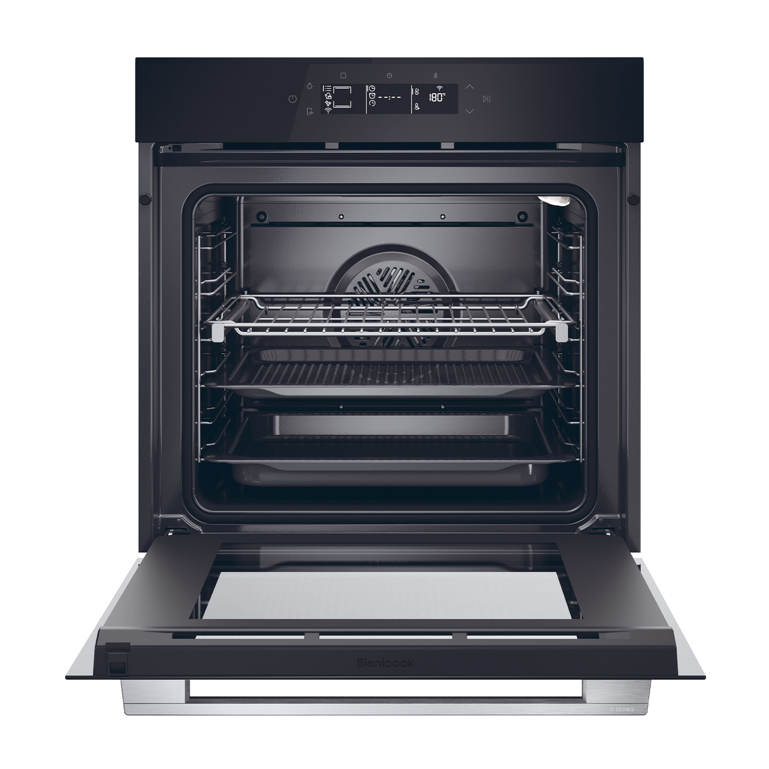 Forno nero aperto con ripiani. La porta è aperta. Base in metallo in acciaio inox.