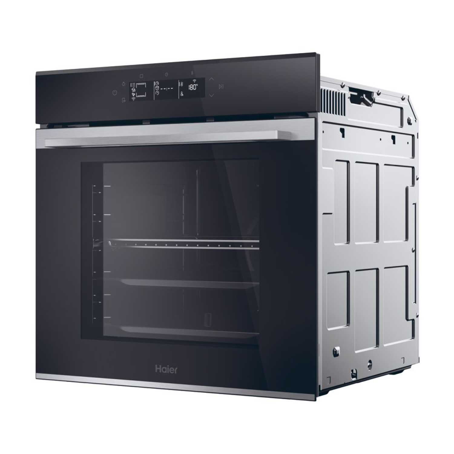 Forno Haier nero con porta a vetro. Ha un display digitale. Lo sfondo è bianco.