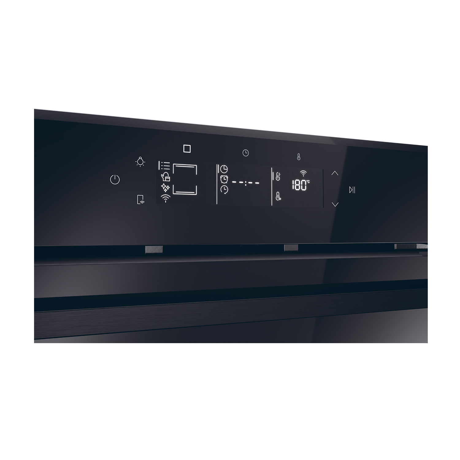 Primo piano del pannello di controllo nero del forno con icone bianche.