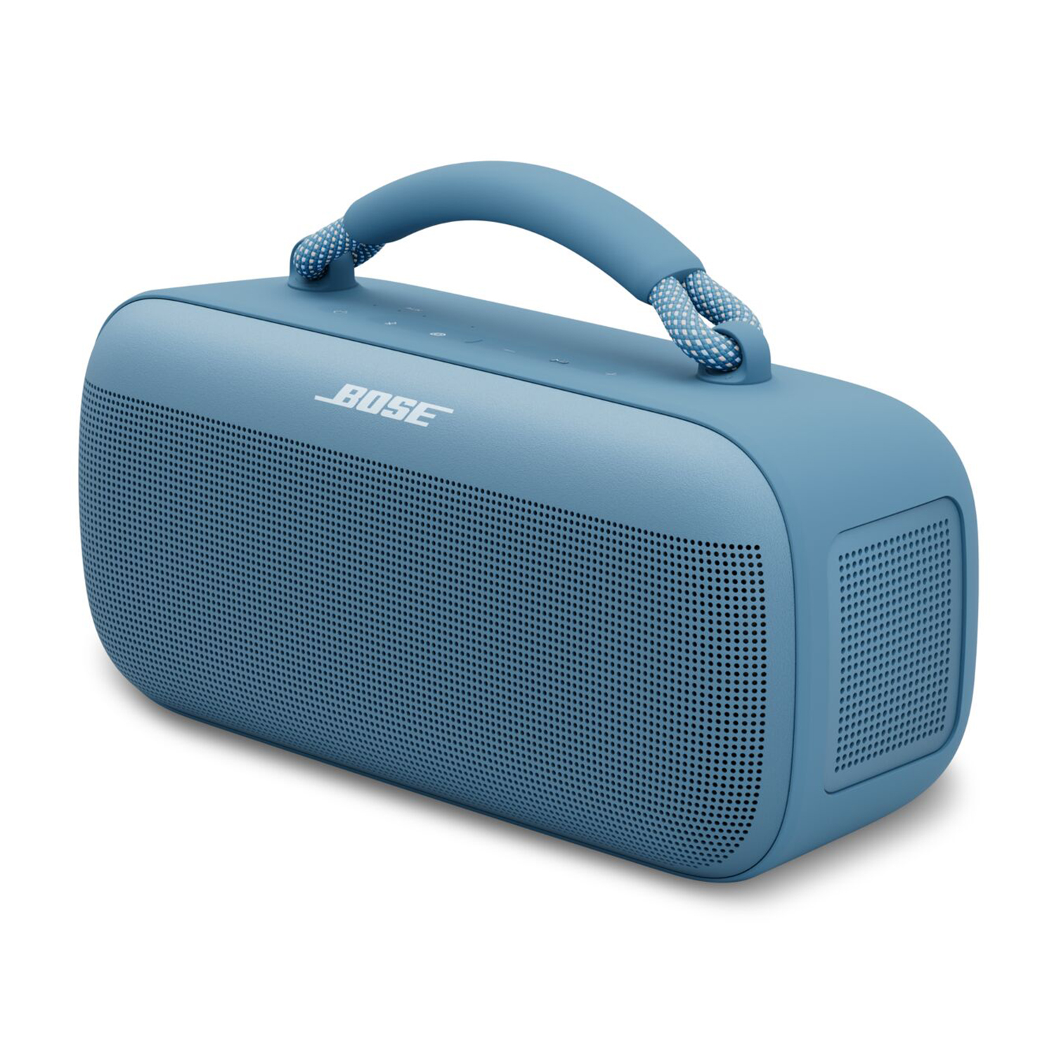 Altoparlante Bose rettangolare blu con maniglia e una serie di piccoli fori per l'uscita del suono.