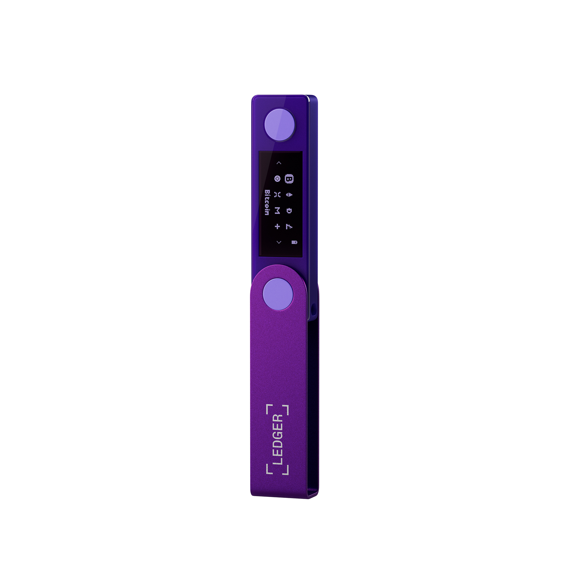 Mor Ledger Nano S Plus kripto cüzdan. Siyah ekranda bilgiler görüntüleniyor.