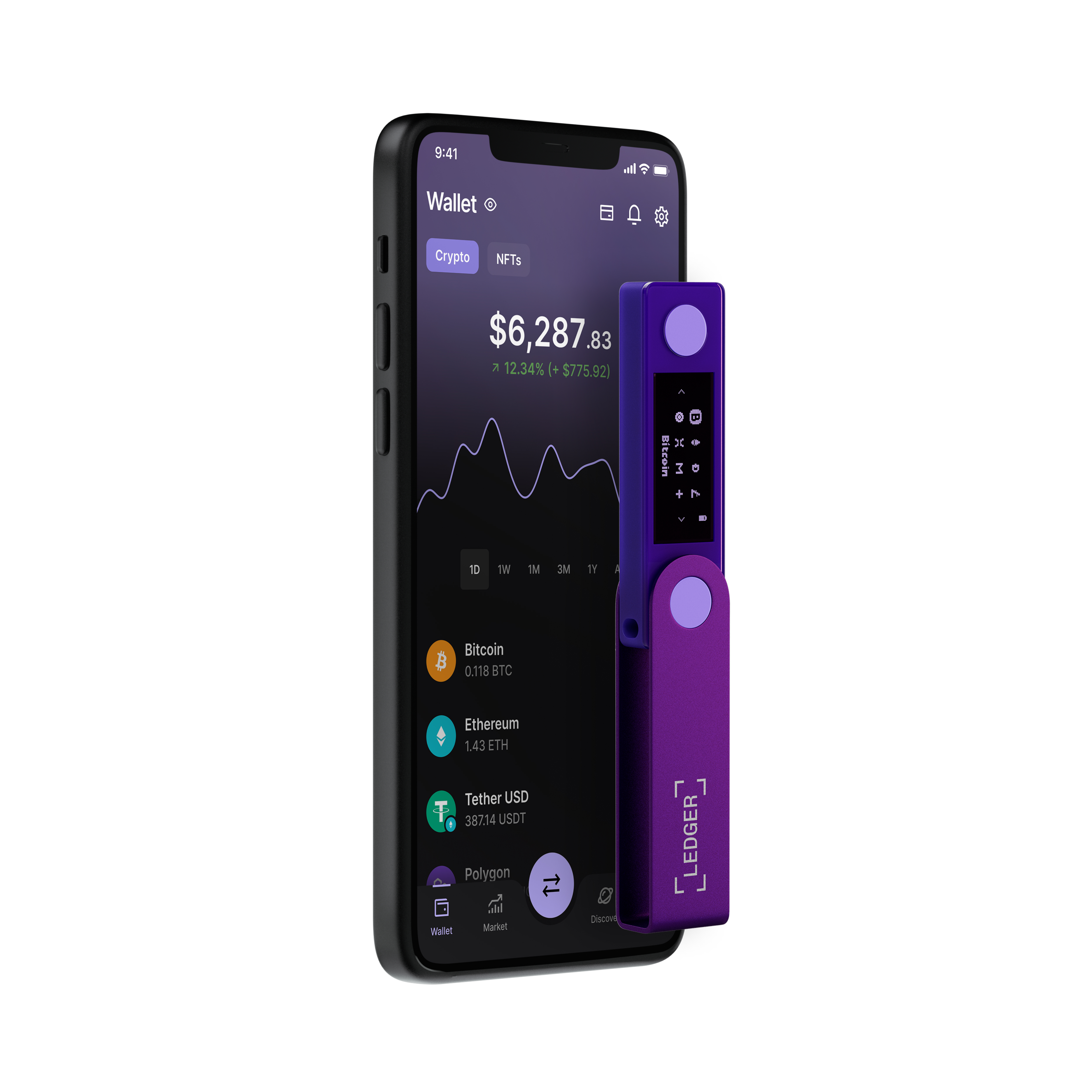 Kripto cüzdanı gösteren bir telefon, yanında mor bir Ledger cihazı ile.