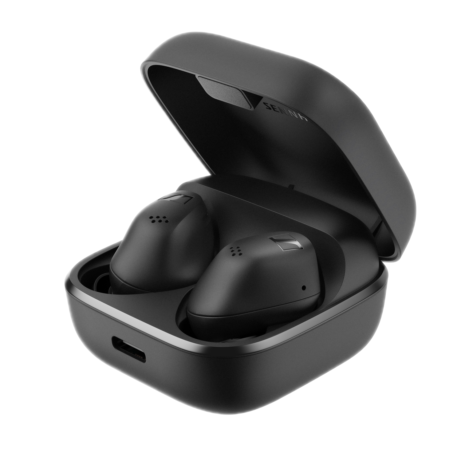 Black earbuds in a black charging case, open, on a black background.