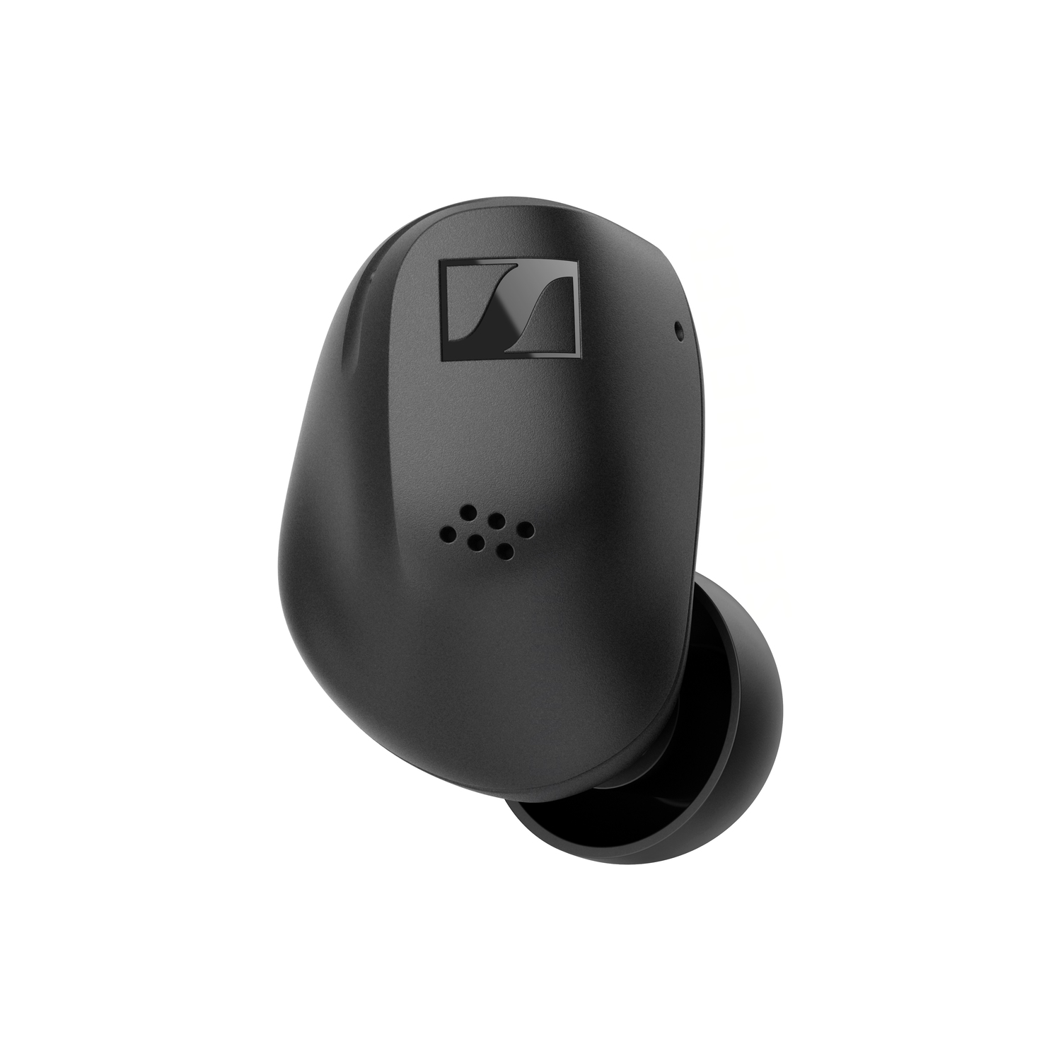 Black wireless earbud. Features a logo and small holes on the side. The ear tip is visible.