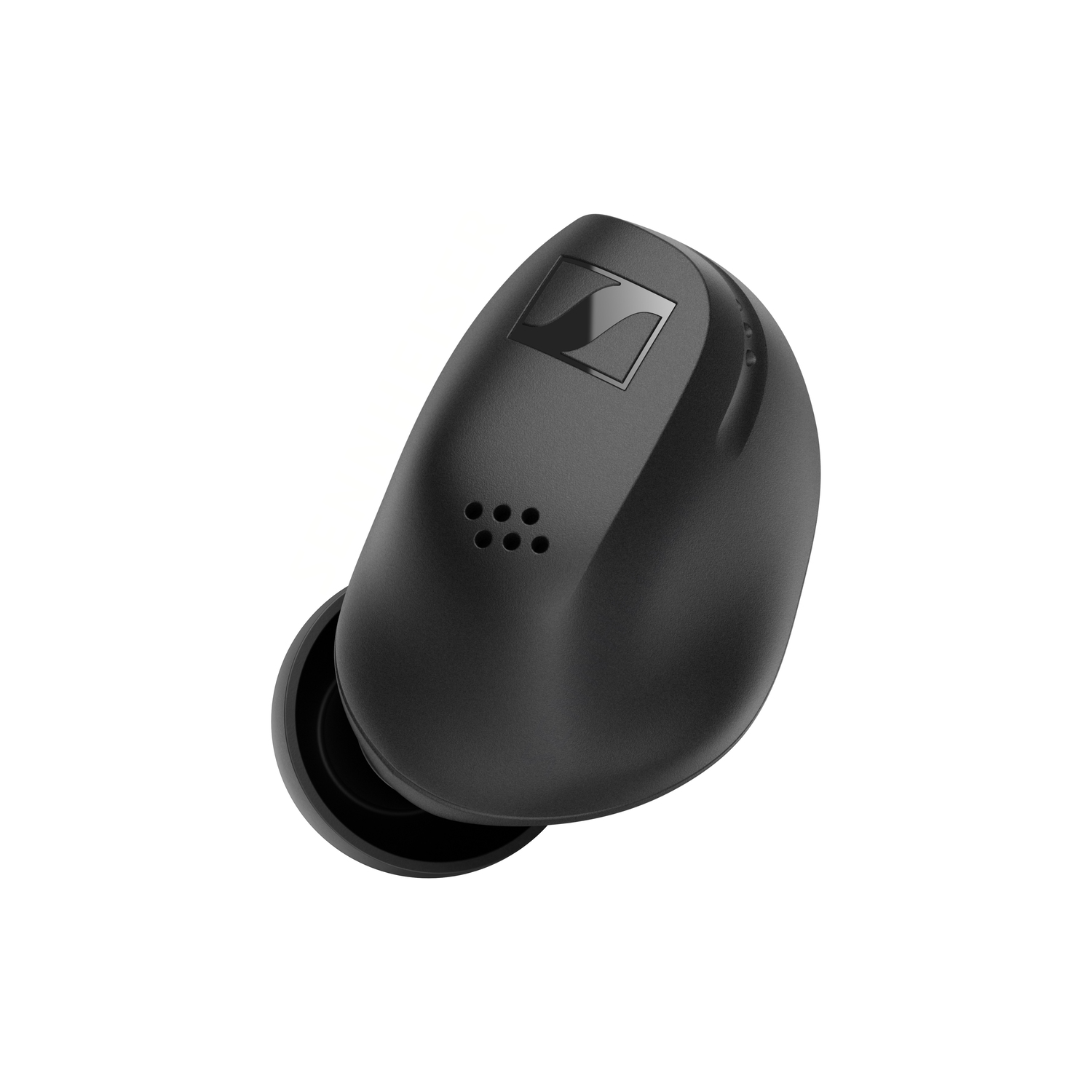 Black Sennheiser earbud, isolated on white. Showing details of the earbud design.