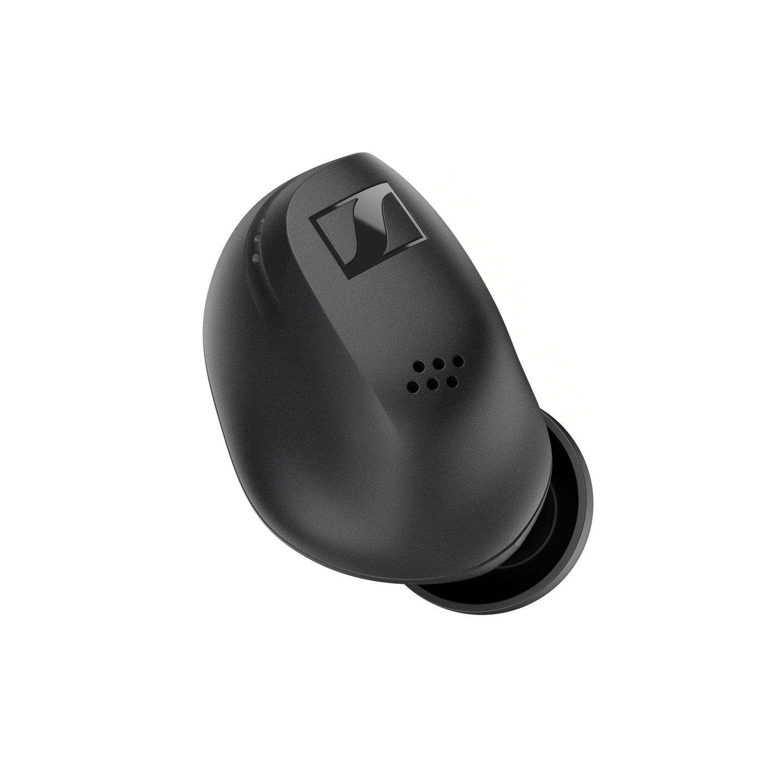 A black earbud, close-up, on a white background.