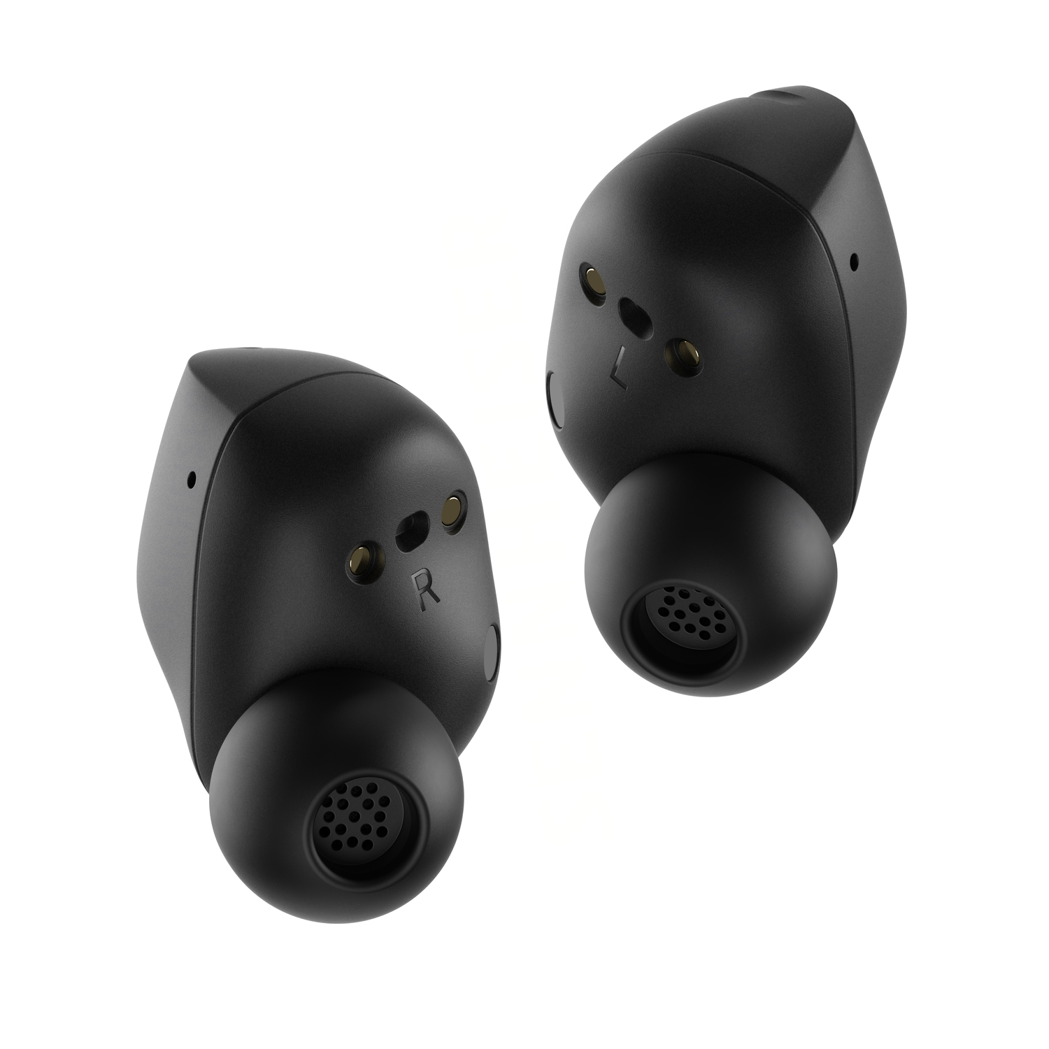 Two black wireless earbuds, with 'R' and 'L' markings on each.
