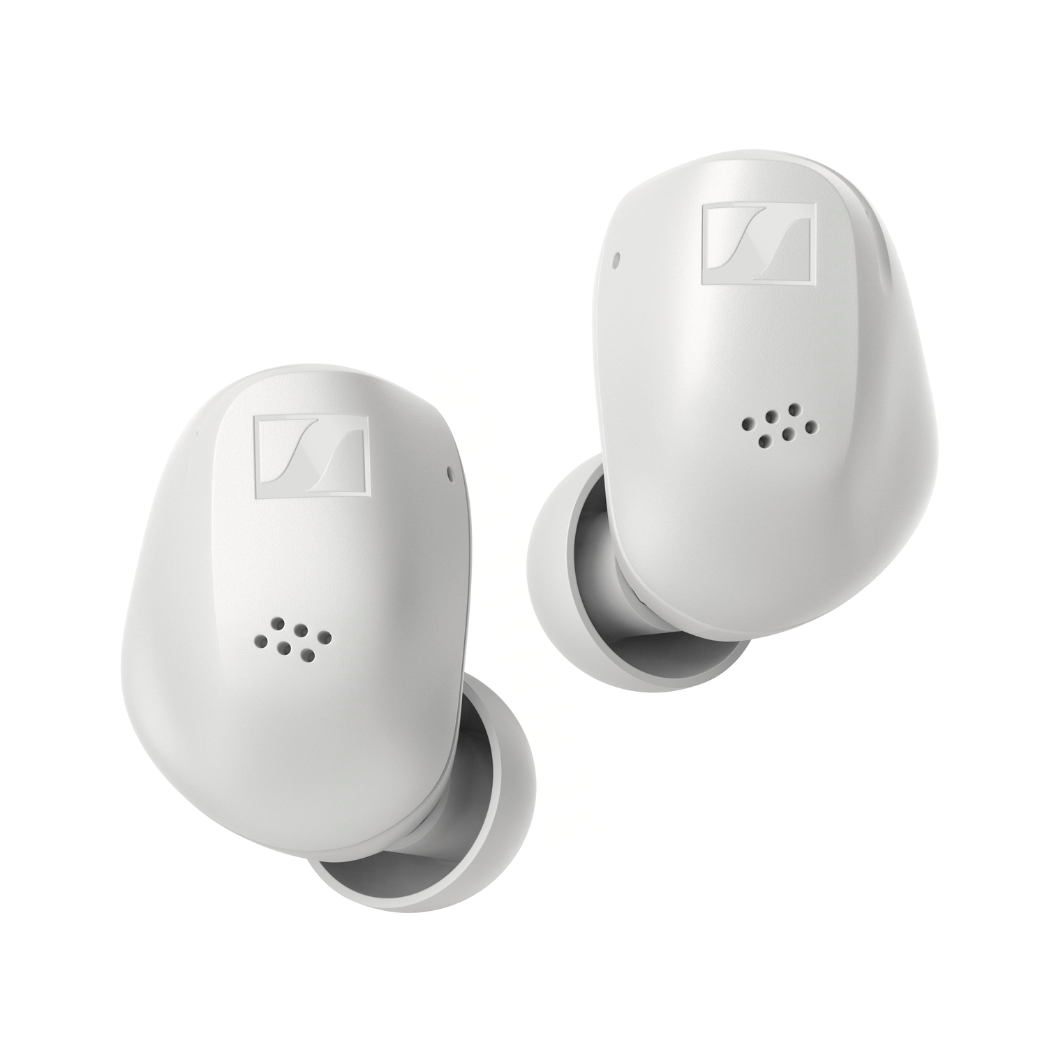 Two white wireless earbuds with the Sennheiser logo on them.