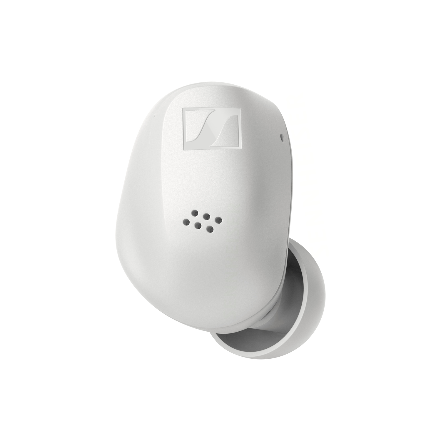 White Sennheiser earbud, close-up, on white backdrop.