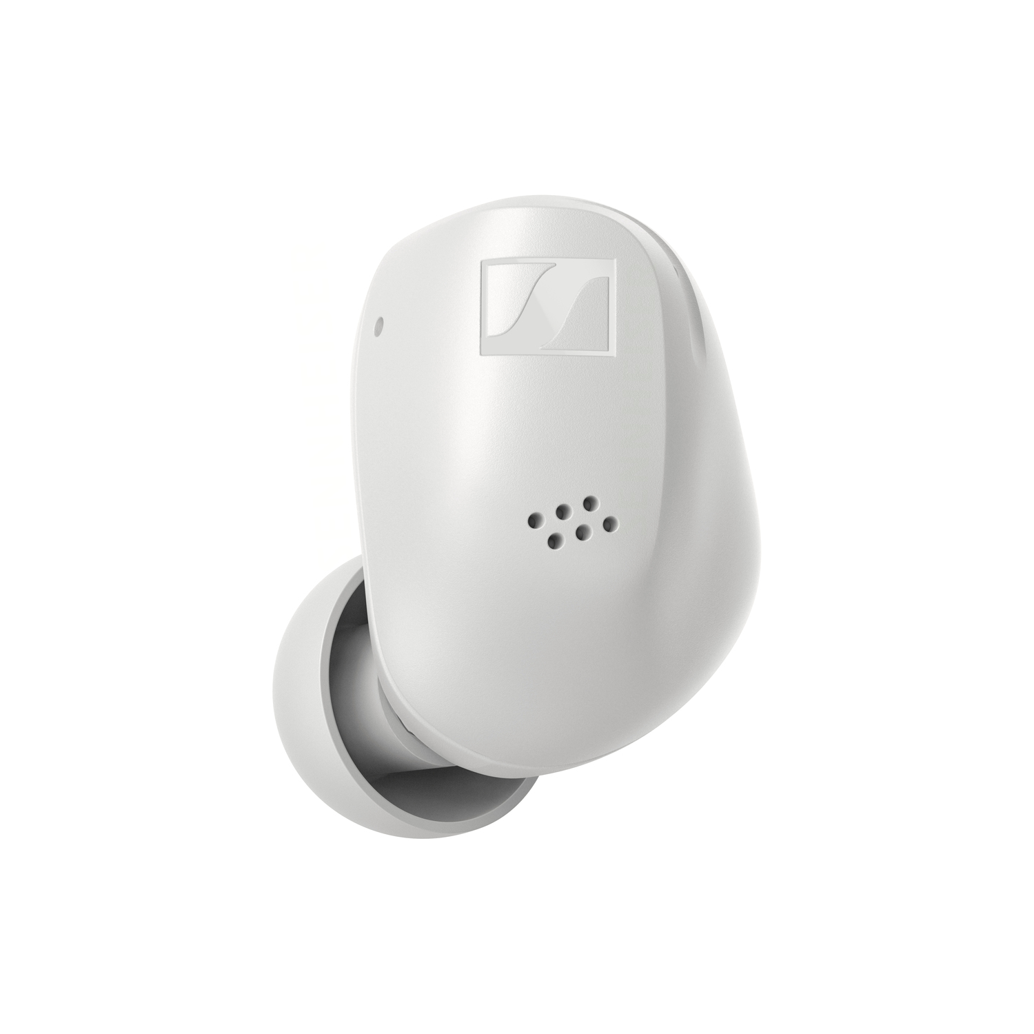 White wireless earbud with a rounded shape, angled for view.