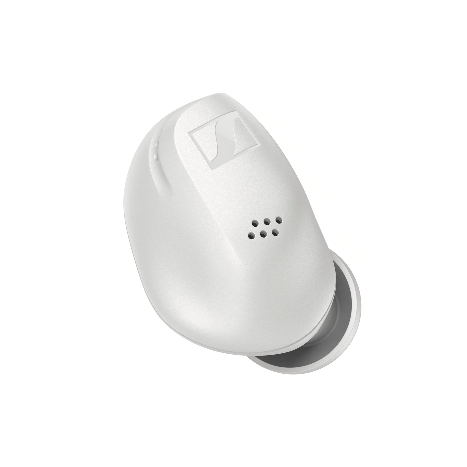 A white earbud with a silver logo.