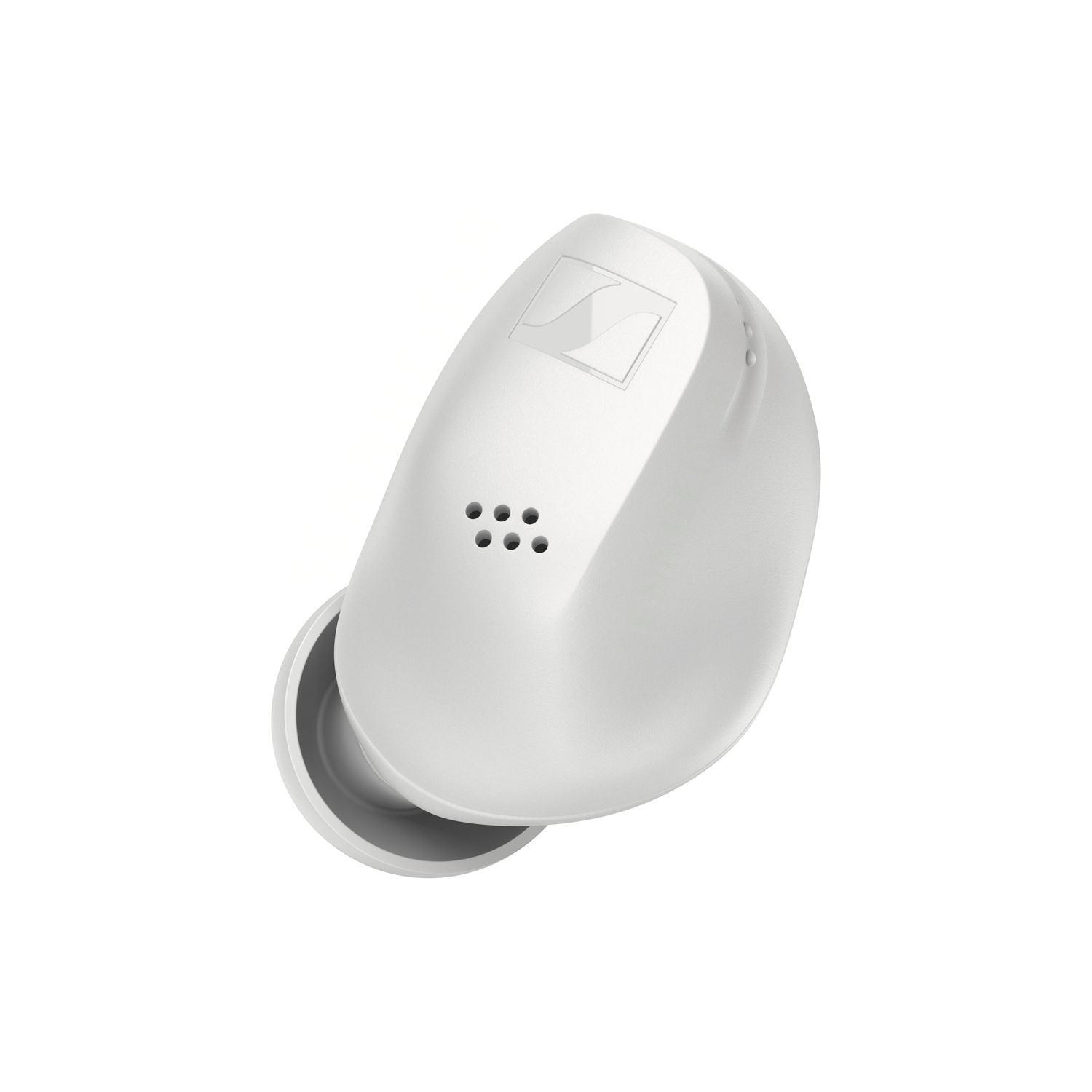 A white earbud. It has a logo and small holes. The earbud is on a white background.