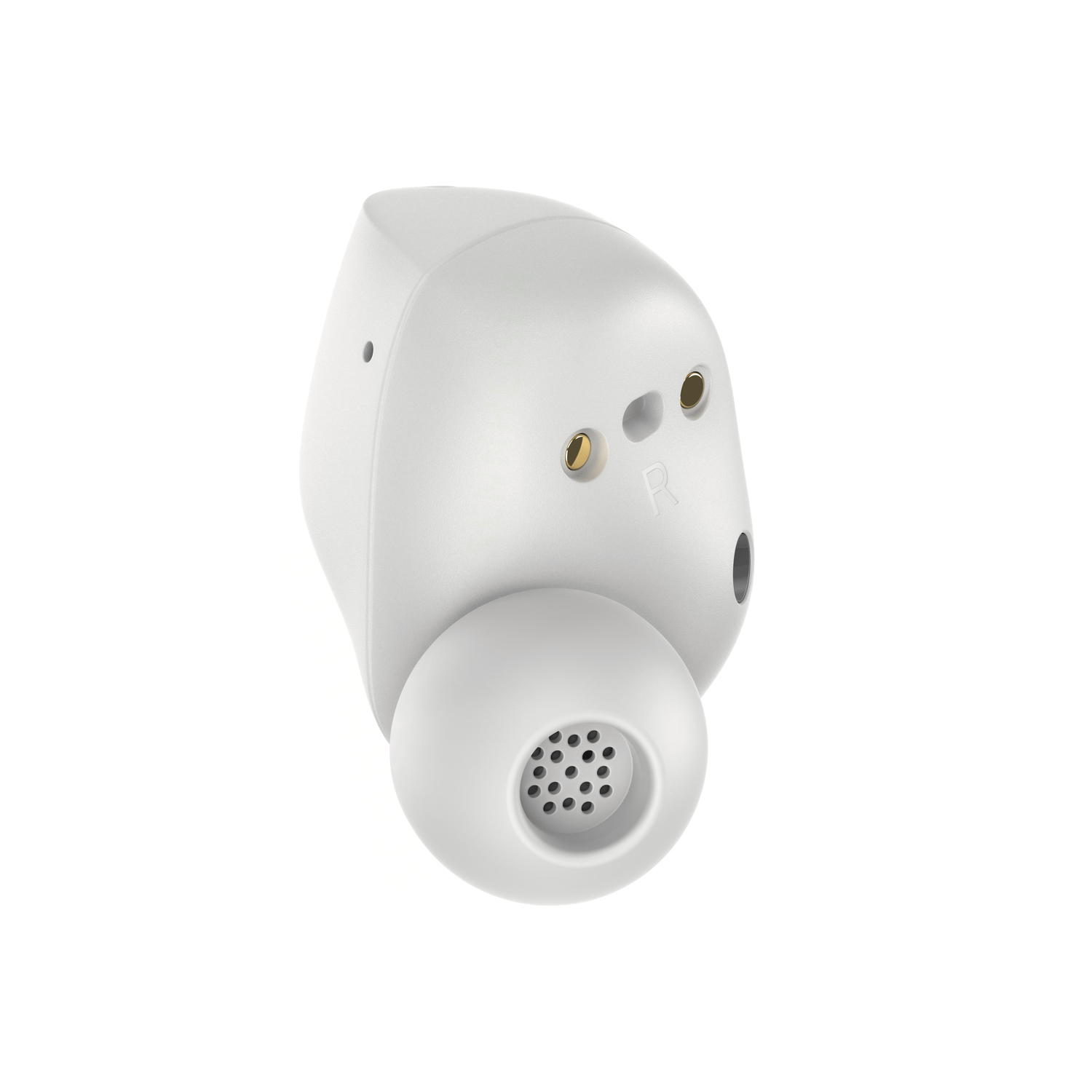 A white earbud viewed from the side, showing the speaker mesh and hole.