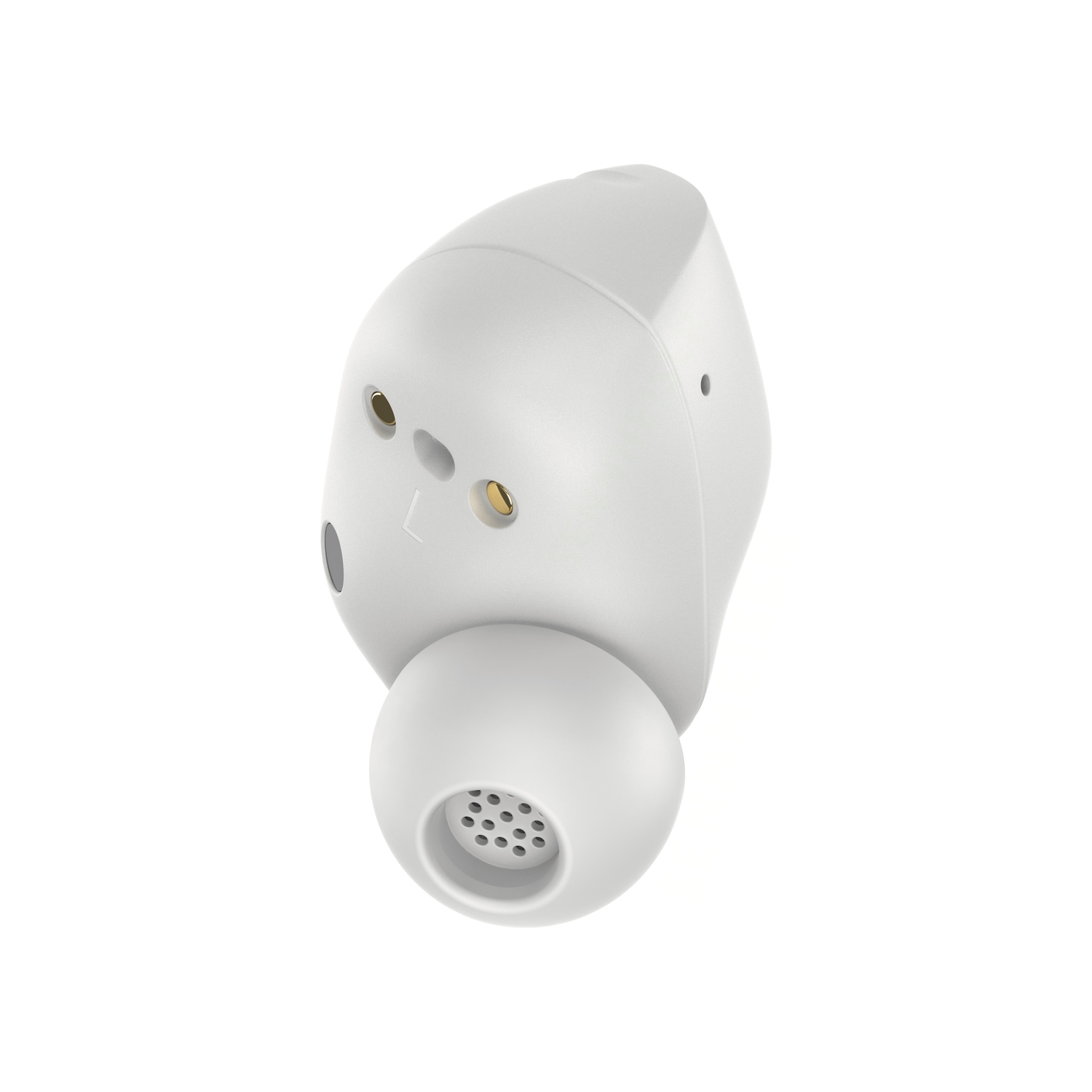 A white earbud with a rounded speaker. It is a close-up shot on a white background.