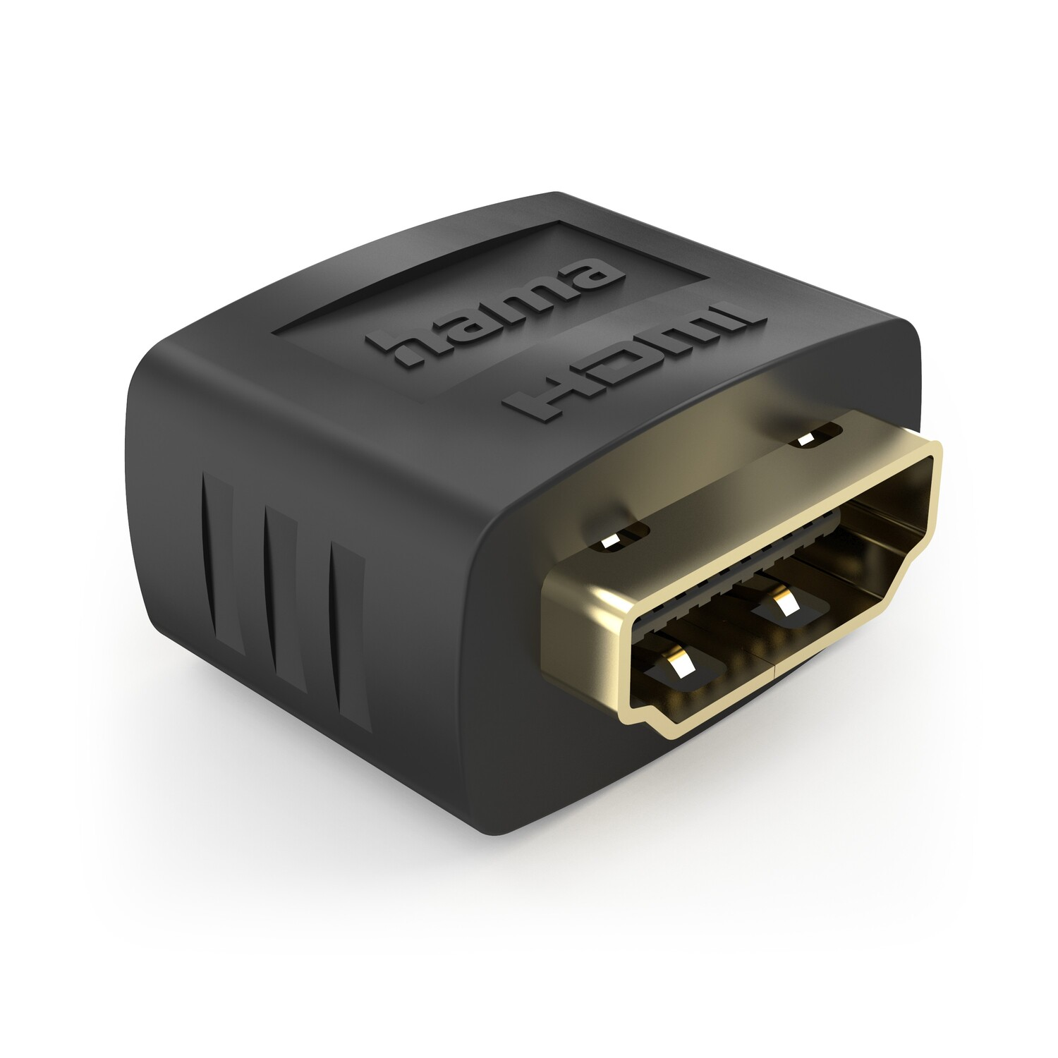Black HDMI adapter with gold-colored connectors and the word 'hama' on it.