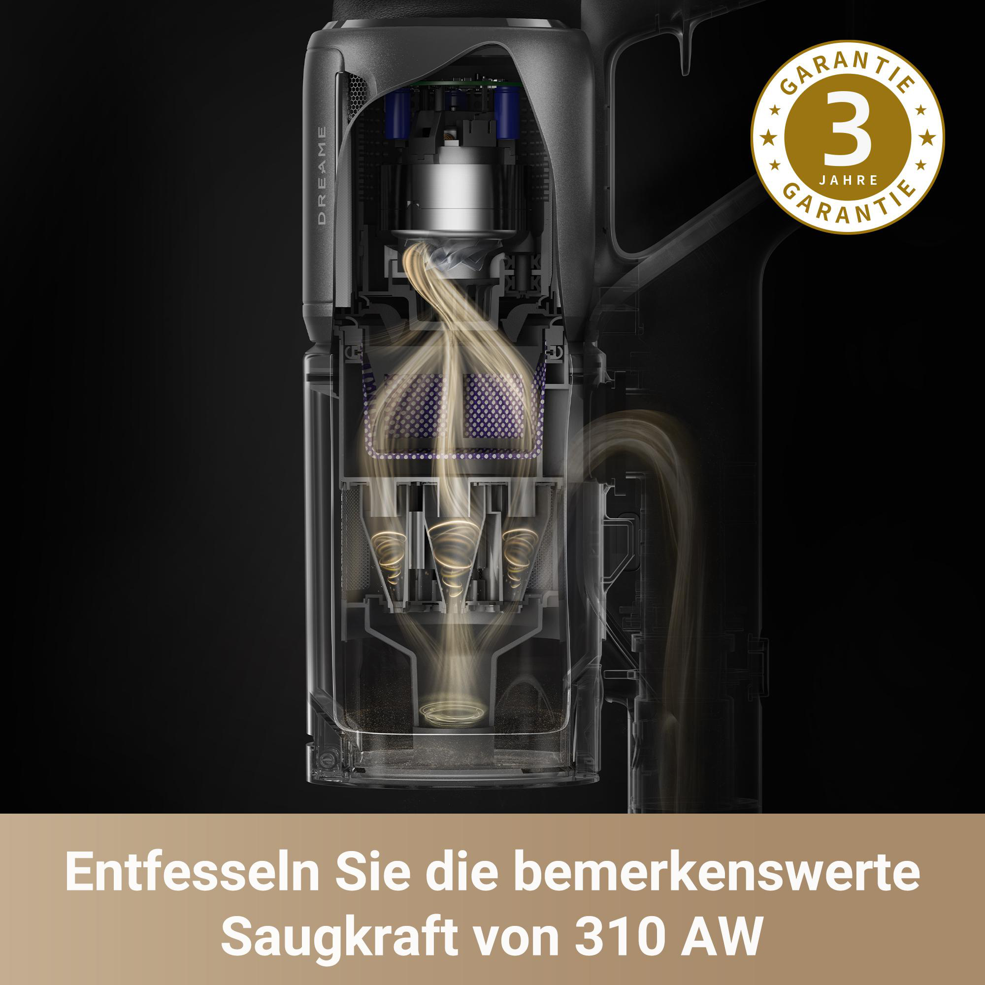 Interne Komponenten des Staubsaugers. Klares Gehäuse, goldene Garantieplakette oben.