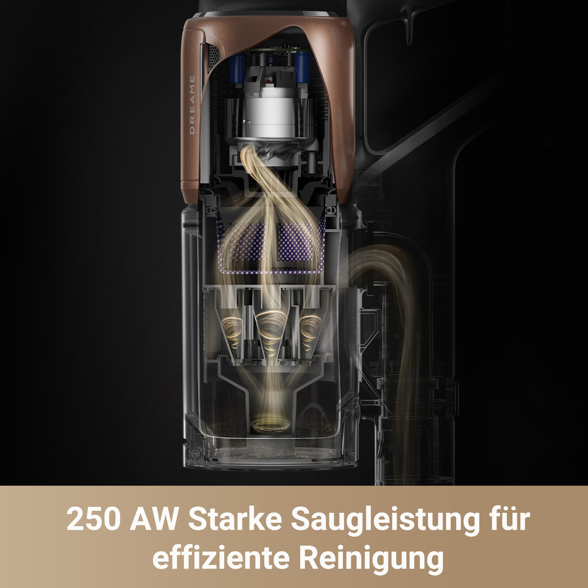 Vakuumreiniger-Innenkomponenten, transparenter Kunststoff, braune Akzente, Text unten.