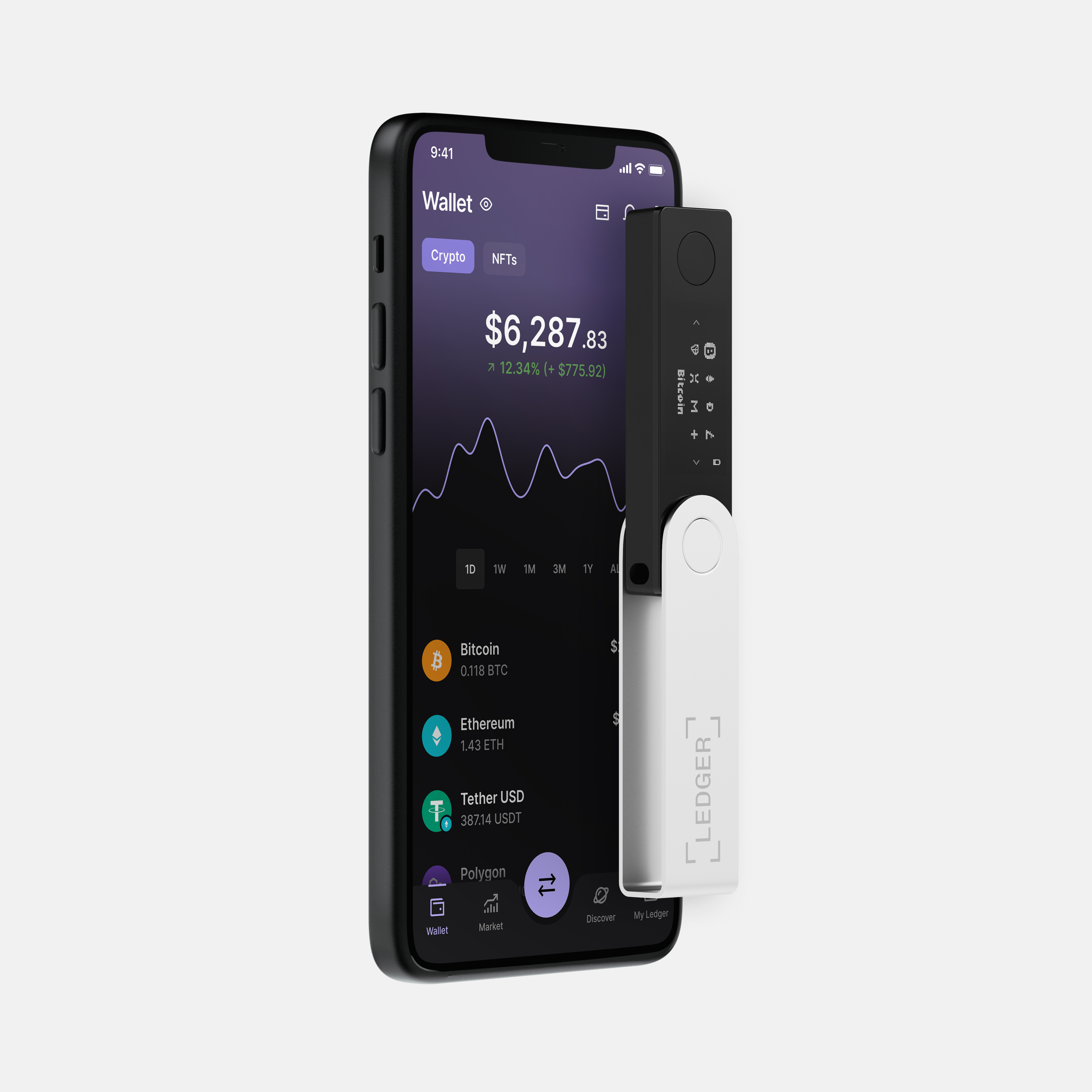 Kripto cüzdanlı ve Ledger Nano'lu akıllı telefon. Ekran Bitcoin ve diğer kripto değerlerini gösteriyor.
