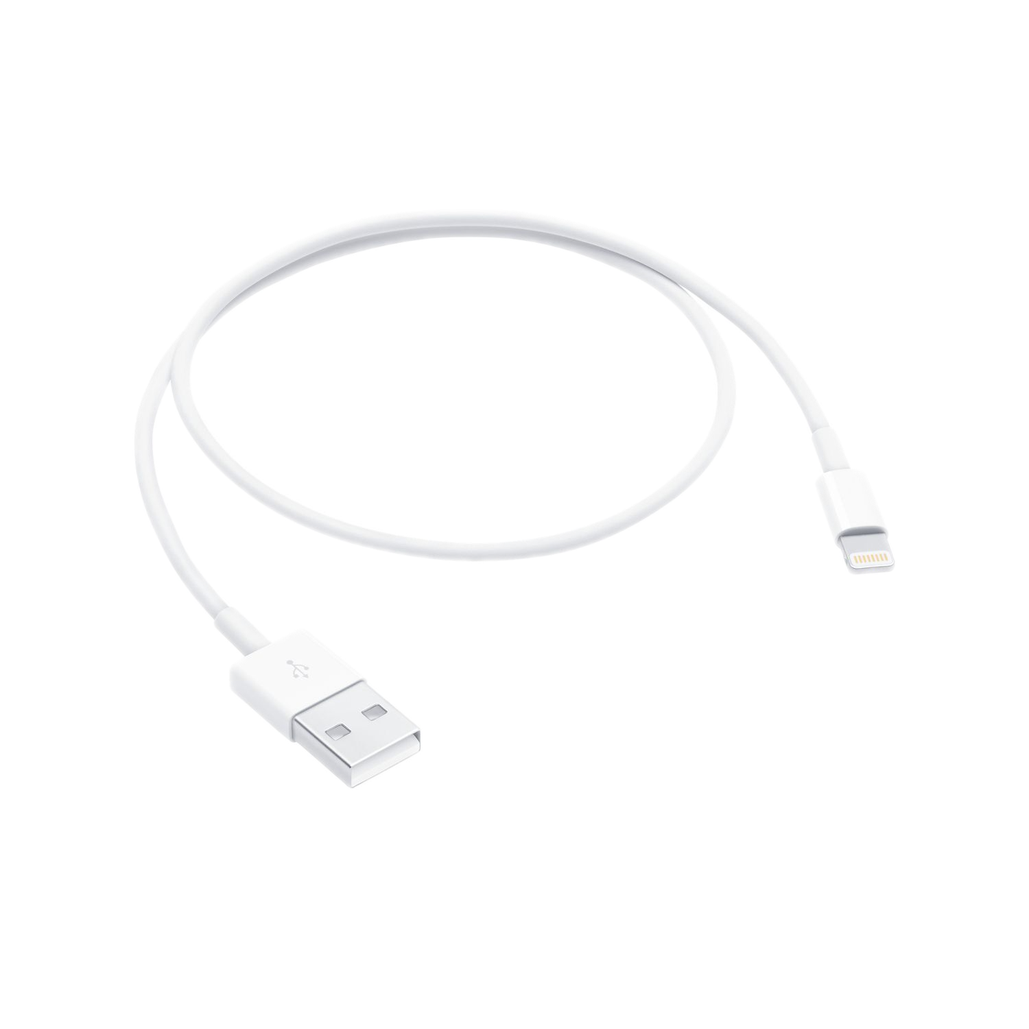 Câble blanc USB vers Lightning, à plat. Connecteur USB à une extrémité, Lightning à l'autre. Fond noir.
