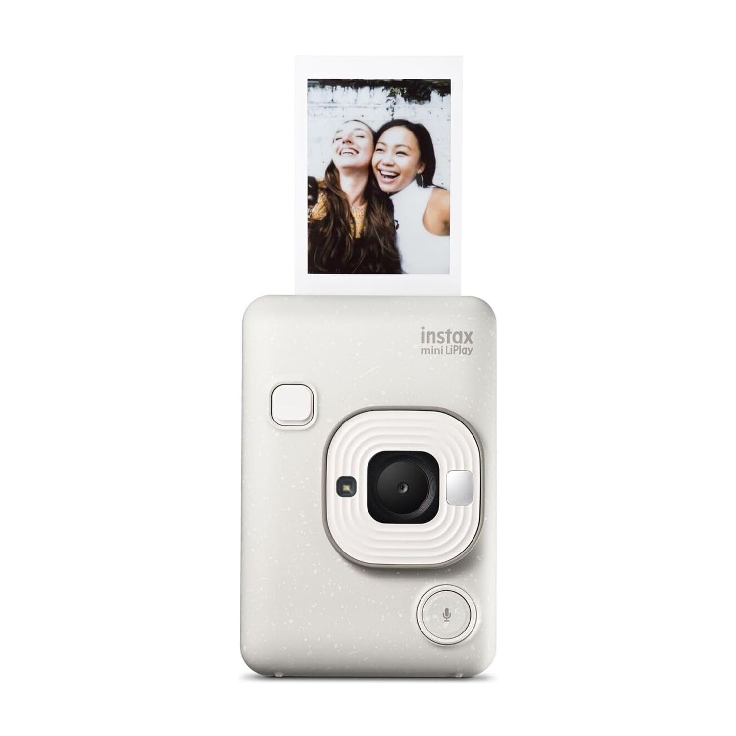 Una fotocamera instax con una foto di due donne sorridenti, isolata.