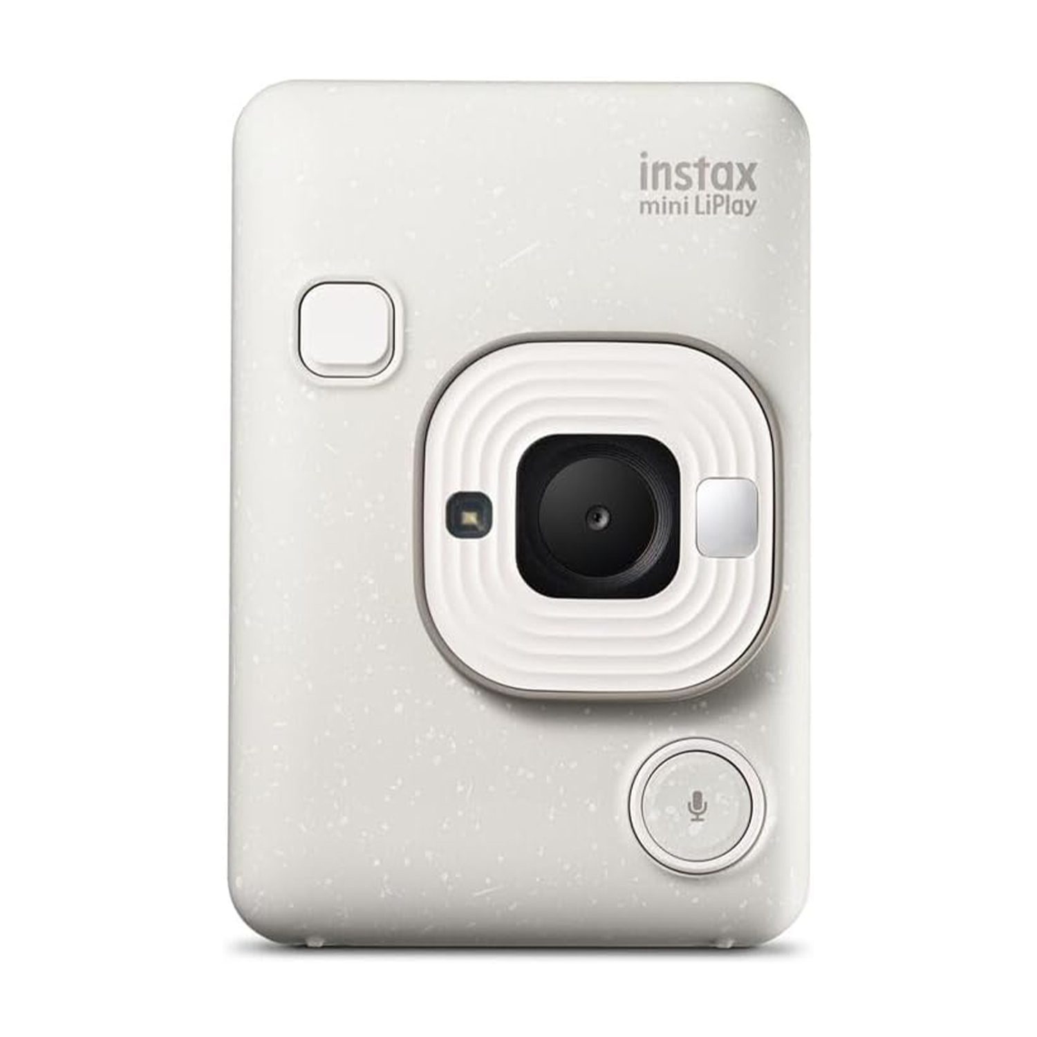 Fotocamera Instax Mini LiPlay bianca con obiettivo nero.