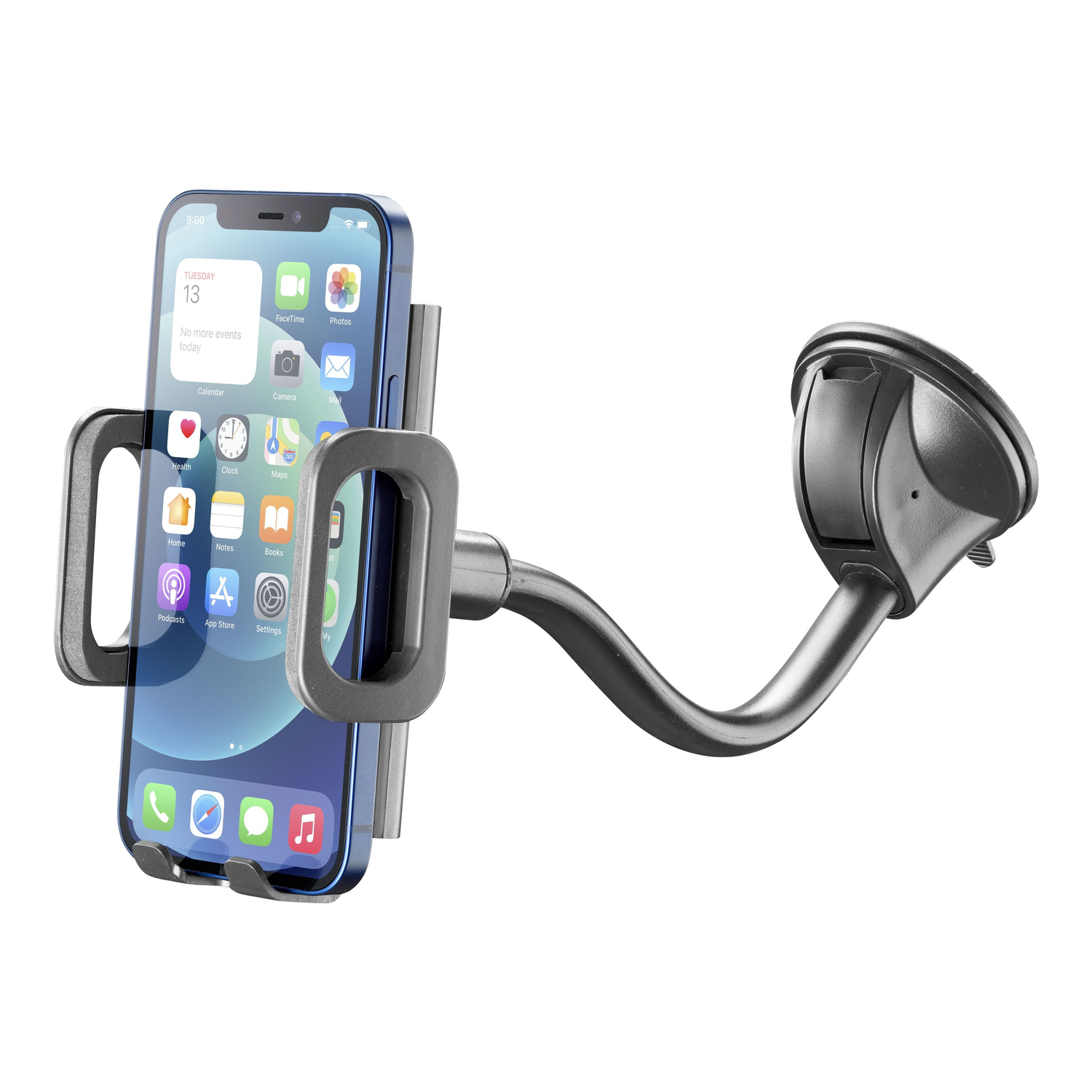 Een smartphone in een zwarte telefoonhouder die aan een autoraam is bevestigd.