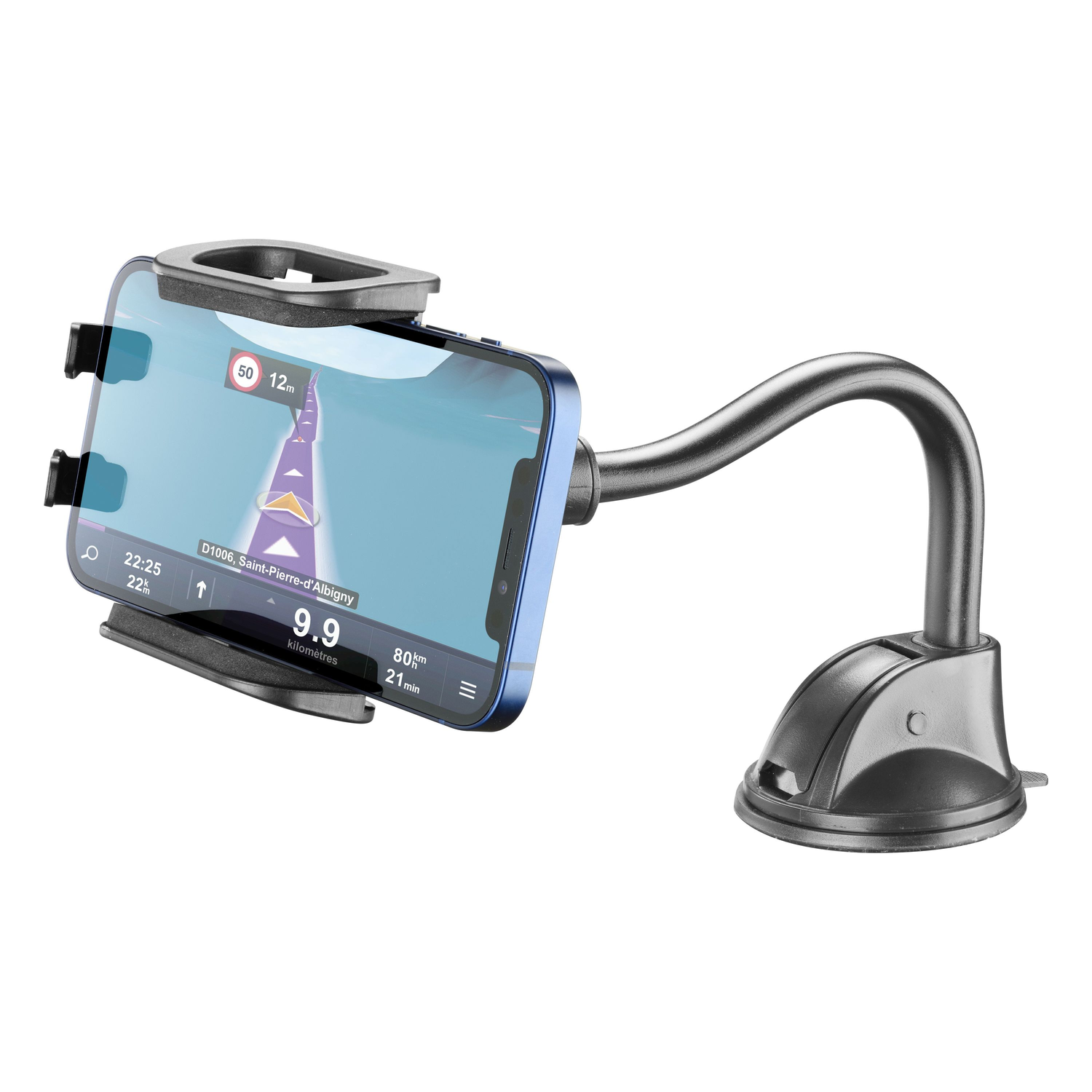 Zwarte telefoon gemonteerd op een autodashboard met een navigatie-app.