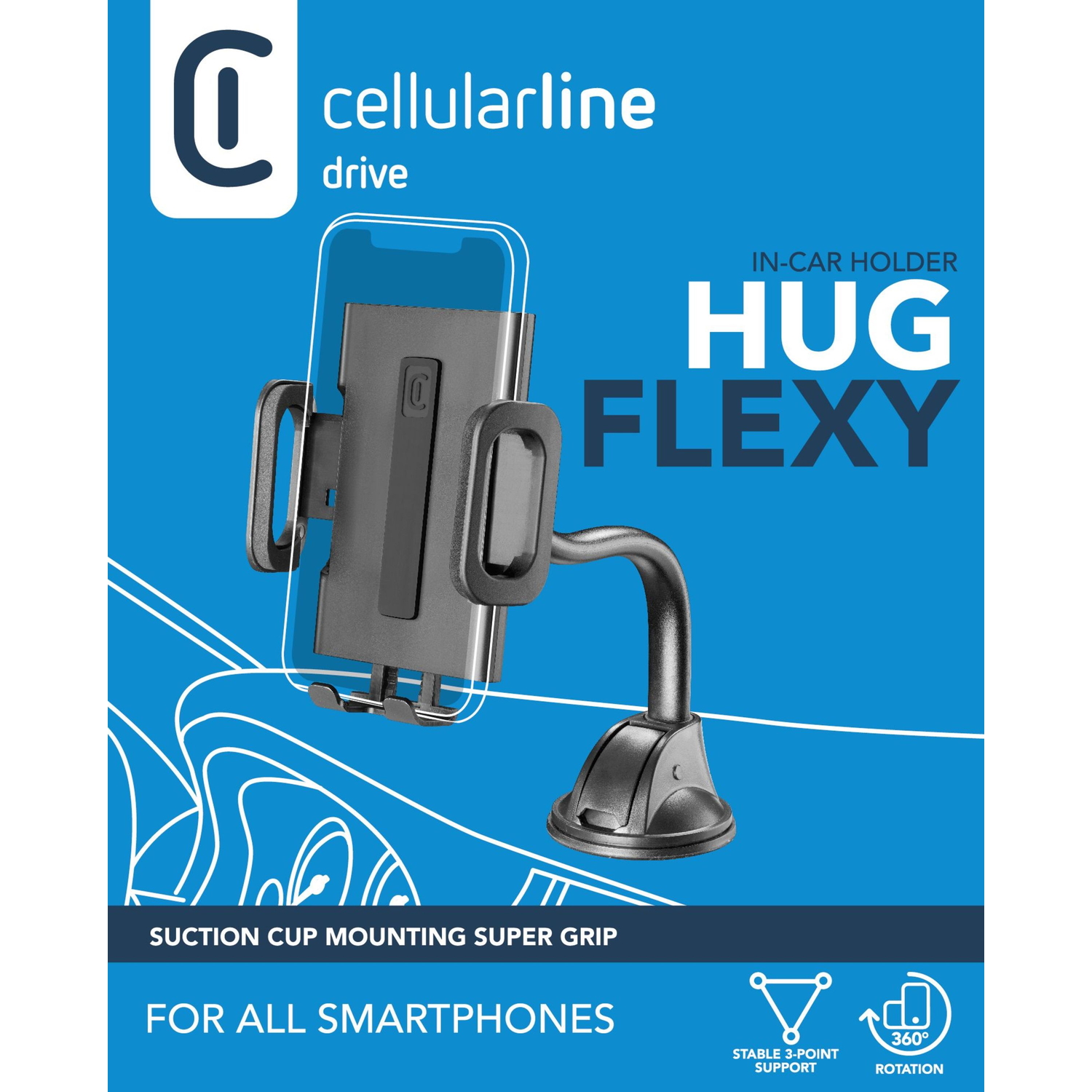 Autotelefoonhouder op blauwe achtergrond, met de tekst 'HUG FLEXY' en 'FOR ALL SMARTPHONES'.