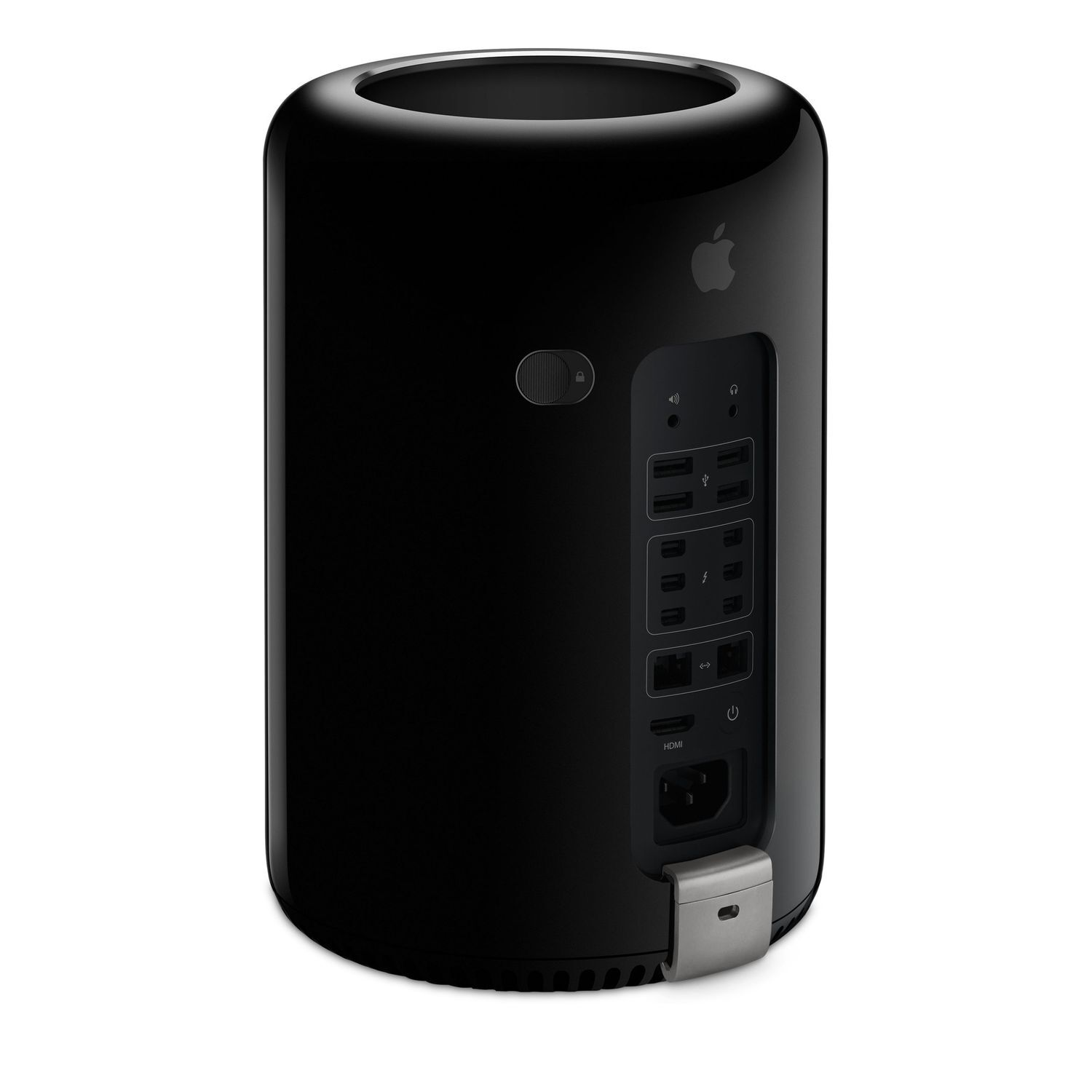 Un ordinateur Apple Mac Pro noir avec des ports et le logo Apple visible.