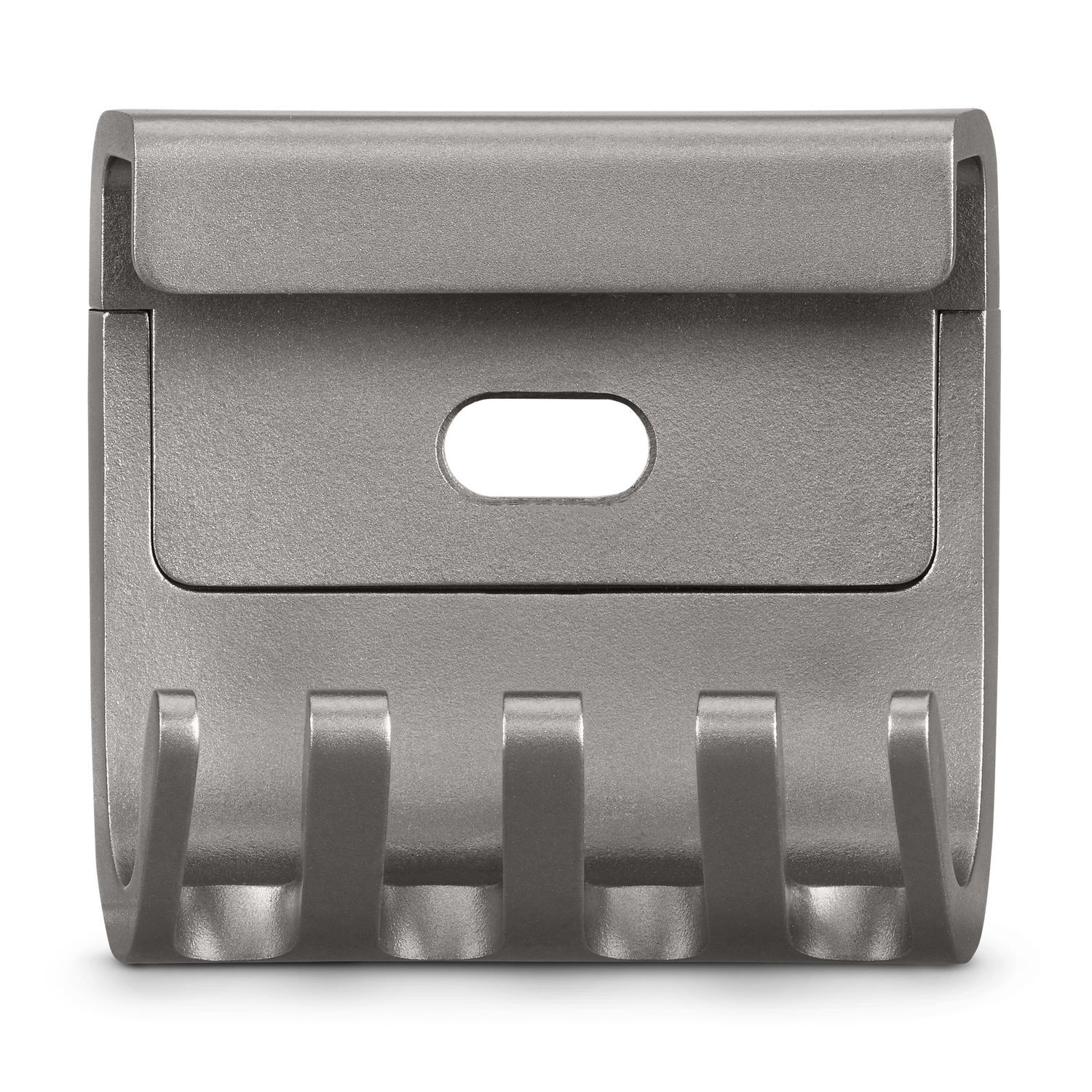 Un étui de chargement gris pour écouteurs, avec une ouverture et trois broches en bas.