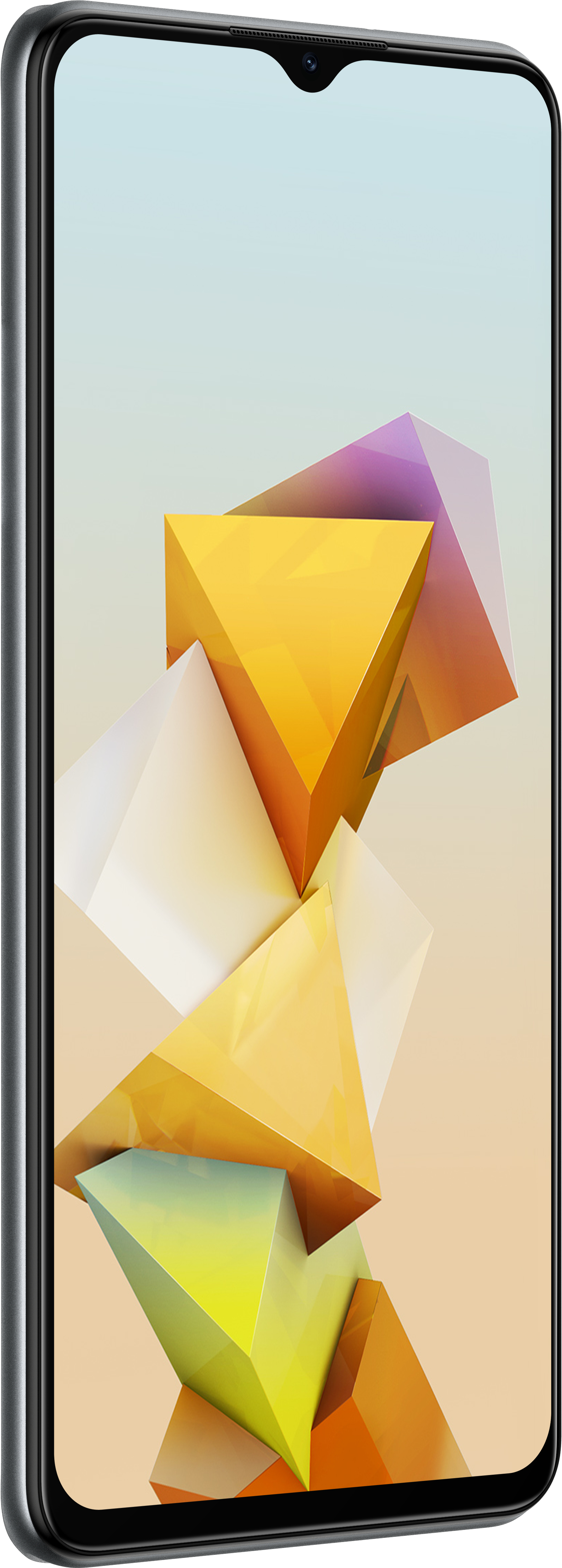Seitenansicht eines Smartphones mit einem Bildschirm, der abstrakte, farbenfrohe geometrische Formen anzeigt.