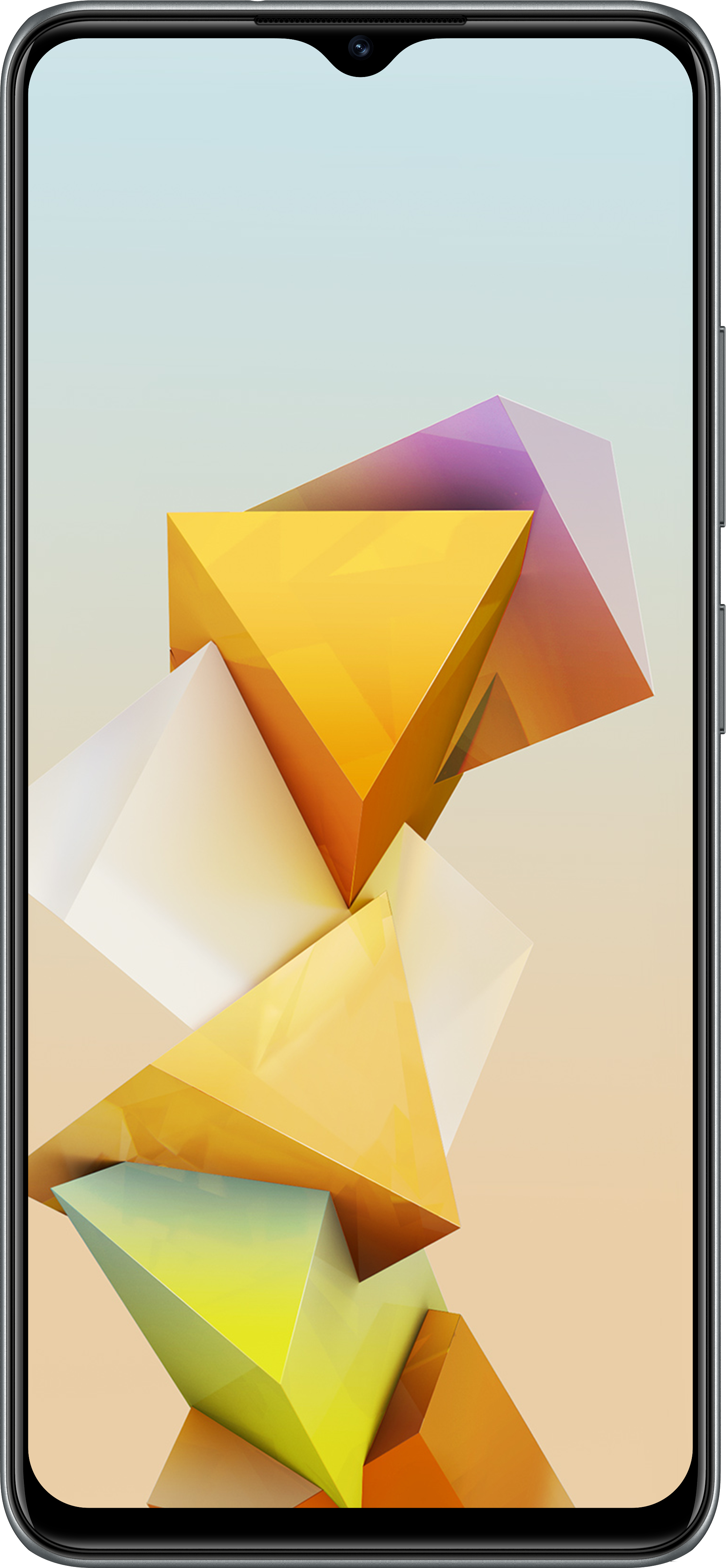 Ein schwarzes Smartphone mit einem Display, das bunte Dreiecke zeigt.