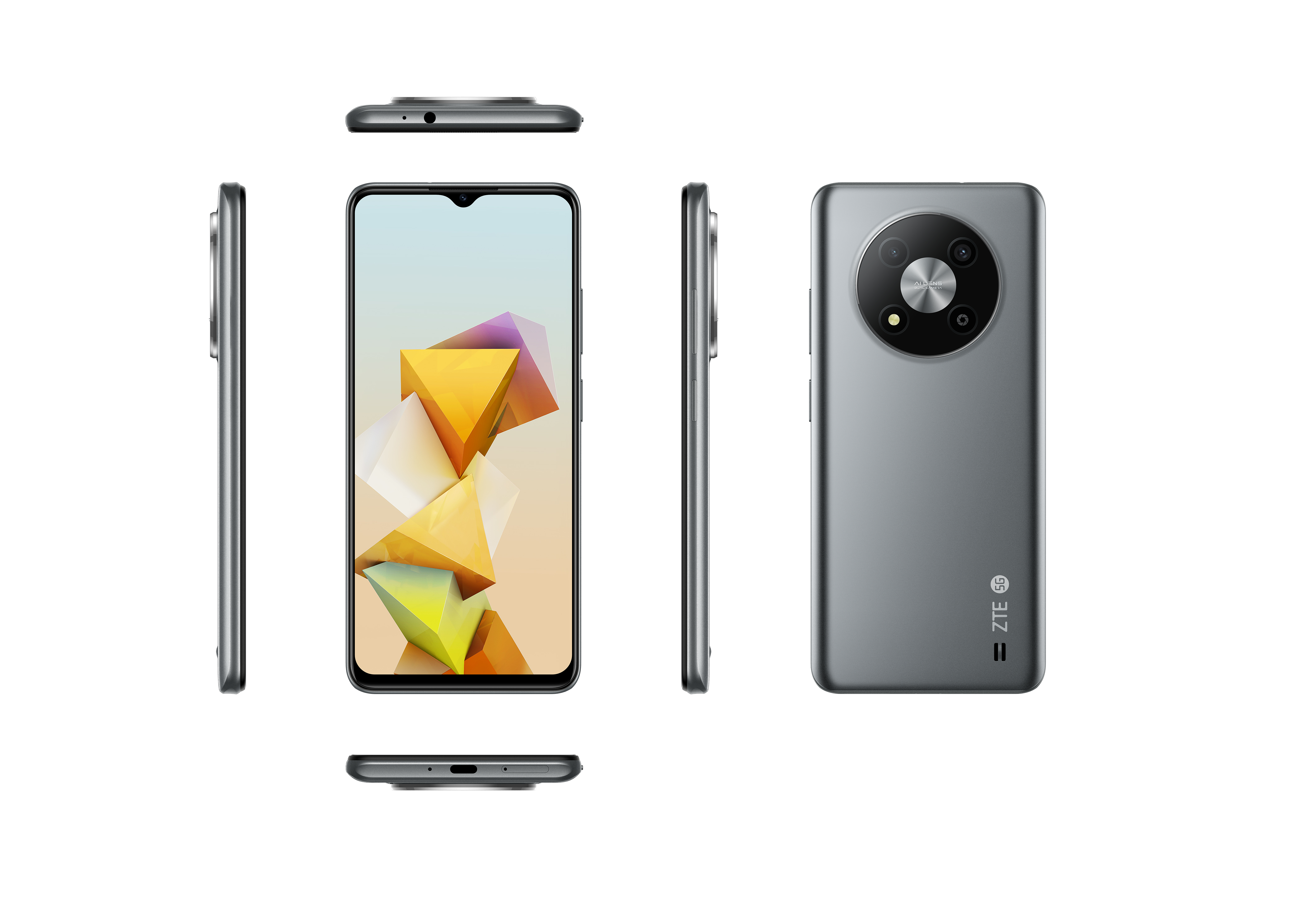 Telefon mit mehreren Ansichten: Bildschirm, Seite, oben und hinten mit Kamera.