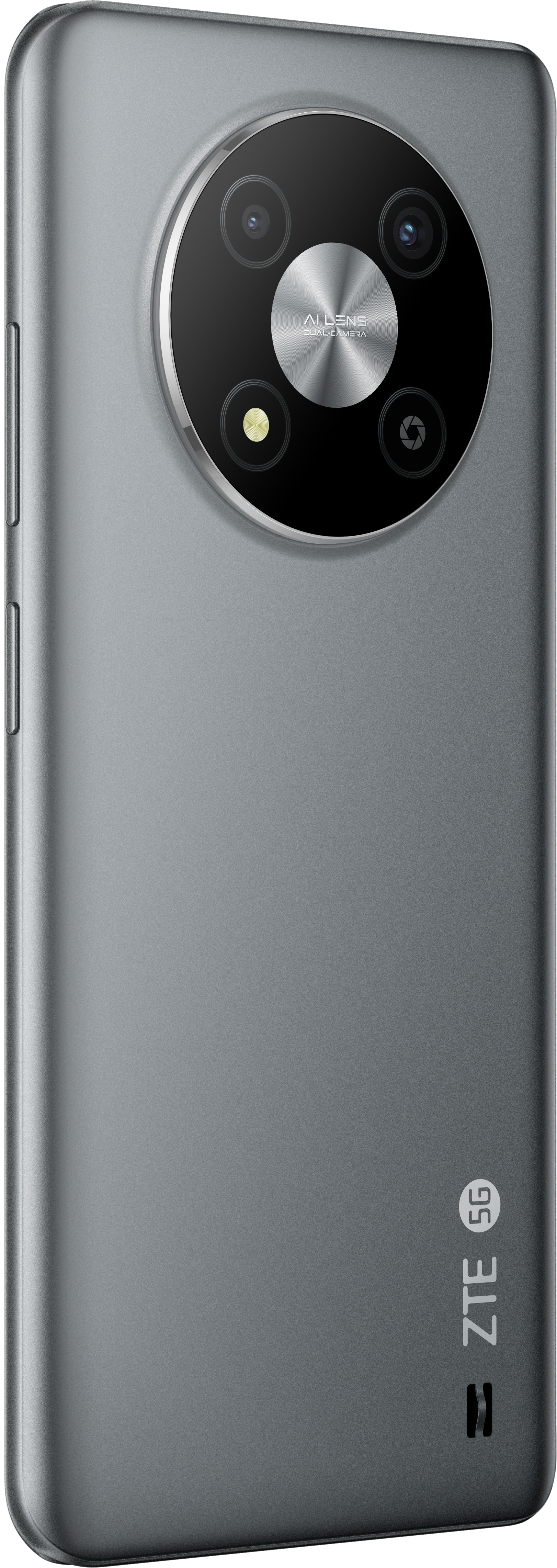Ein graues Smartphone mit drei Kameras und einem 5G-Logo auf der Rückseite.