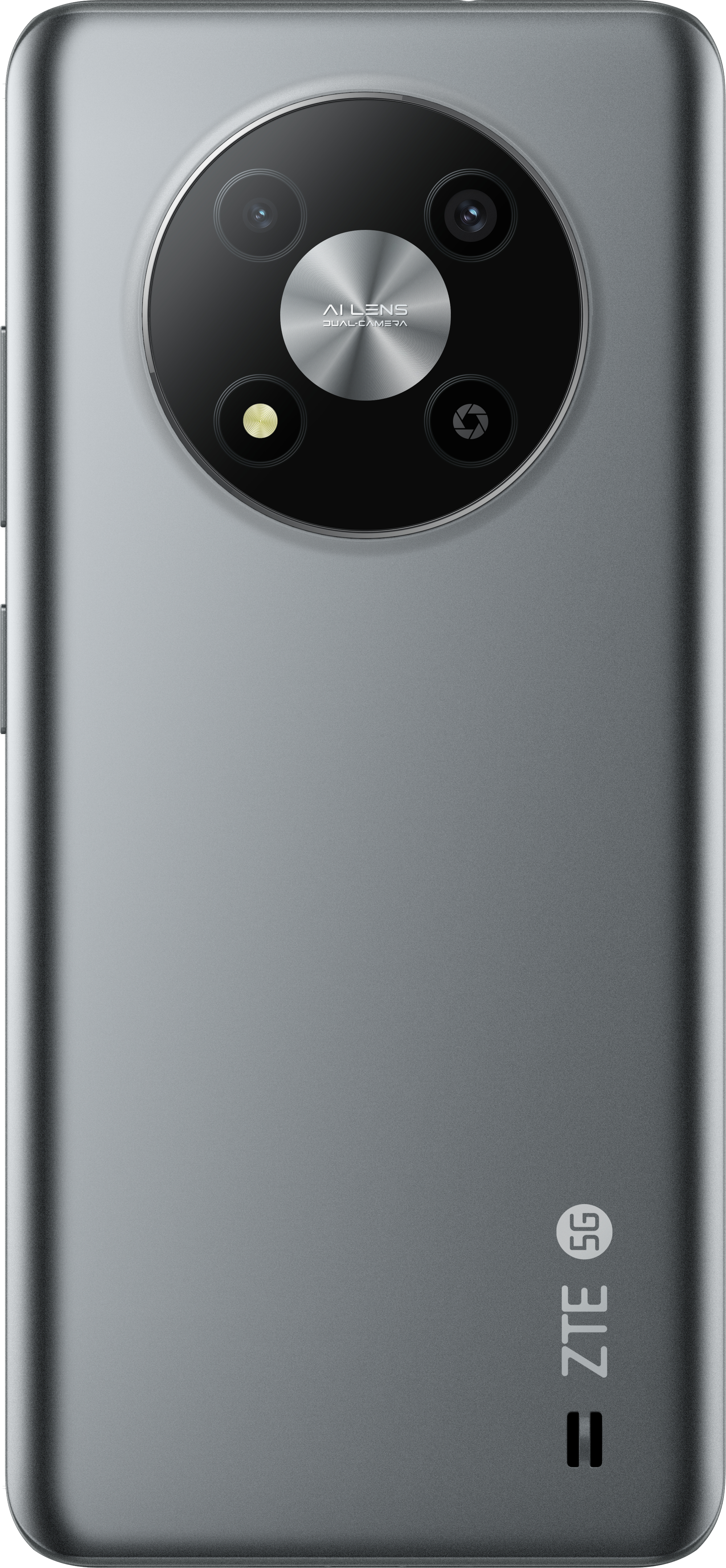 Graue Telefonrückseite mit drei Kameras und ZTE-Logo. Die Kamera befindet sich in der Mitte der Rückseite.