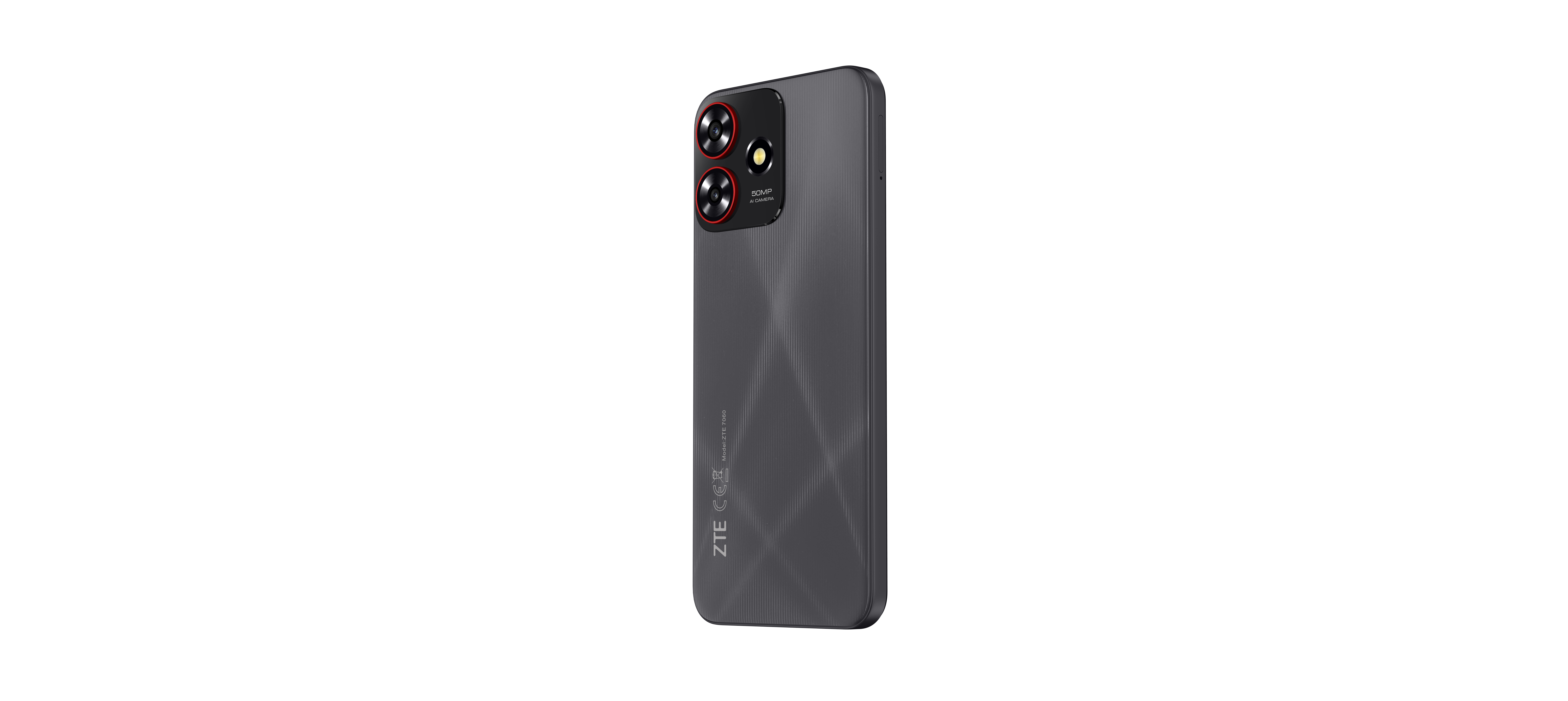 Schwarzes Smartphone, Rückansicht, mit Kameras und Logo.