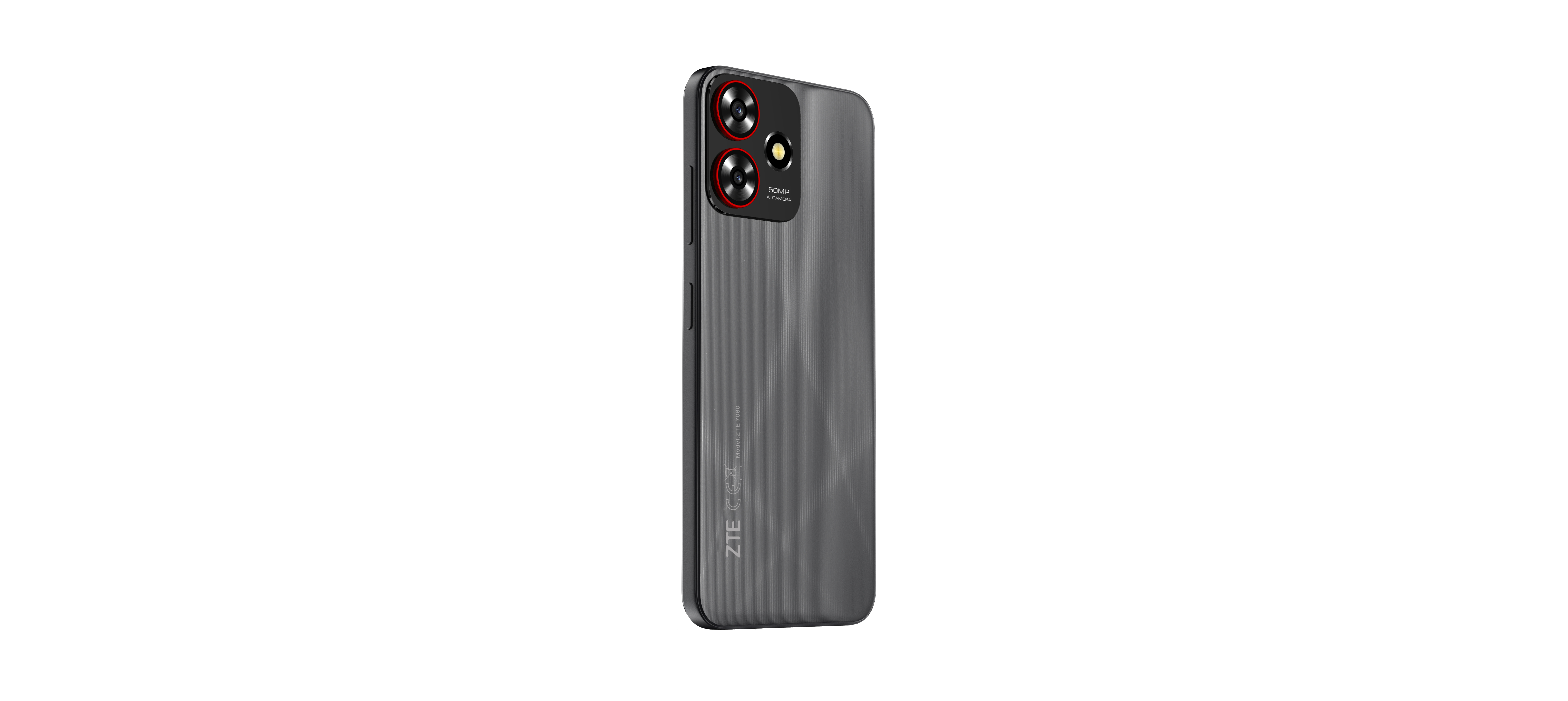ZTE-Smartphone von hinten, drei rote Kameras und schwarze Farbe.