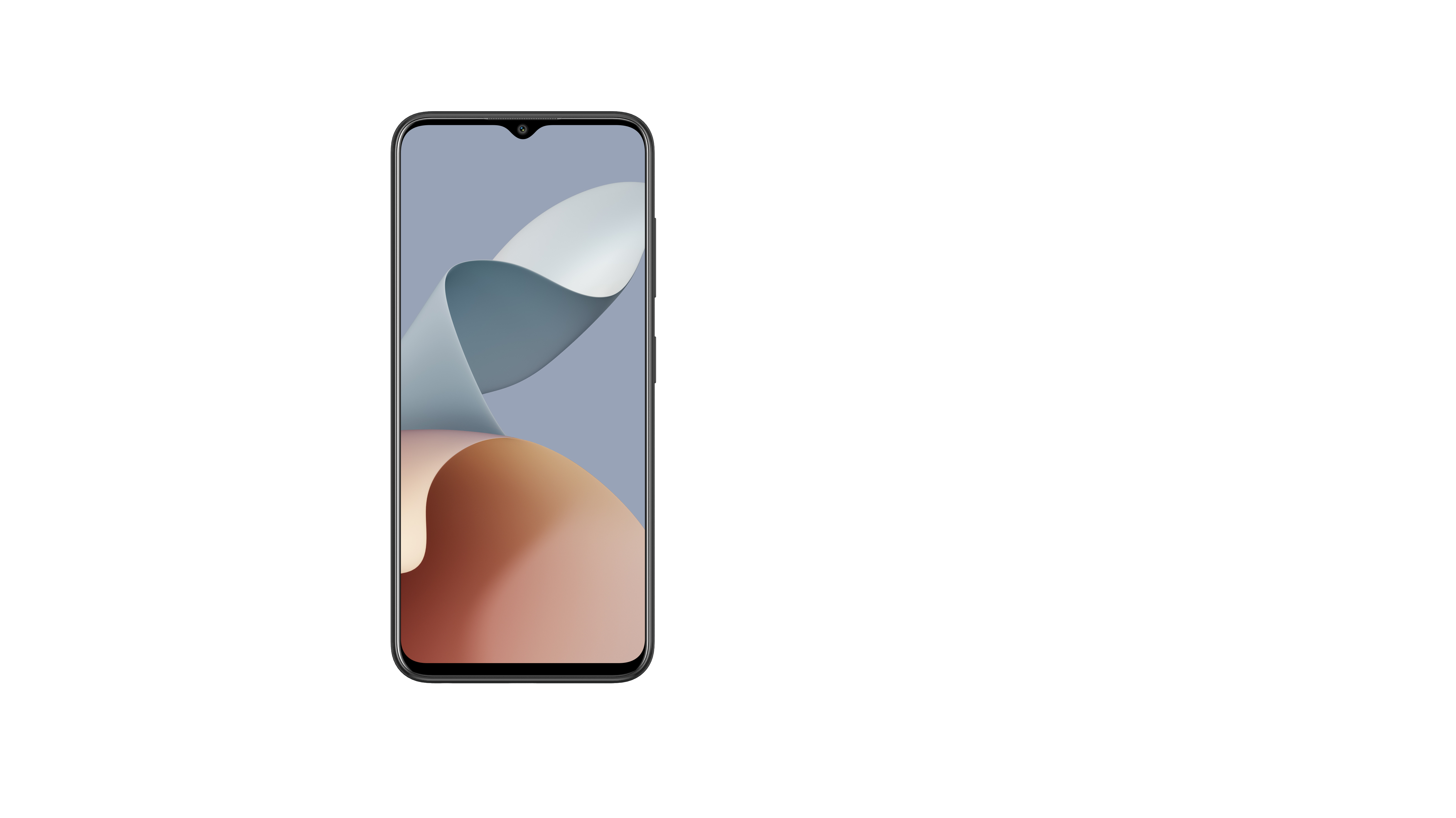 Smartphone mit schwarzem Rahmen, Bildschirm mit wellenförmigem Design und kleiner Frontkamera.