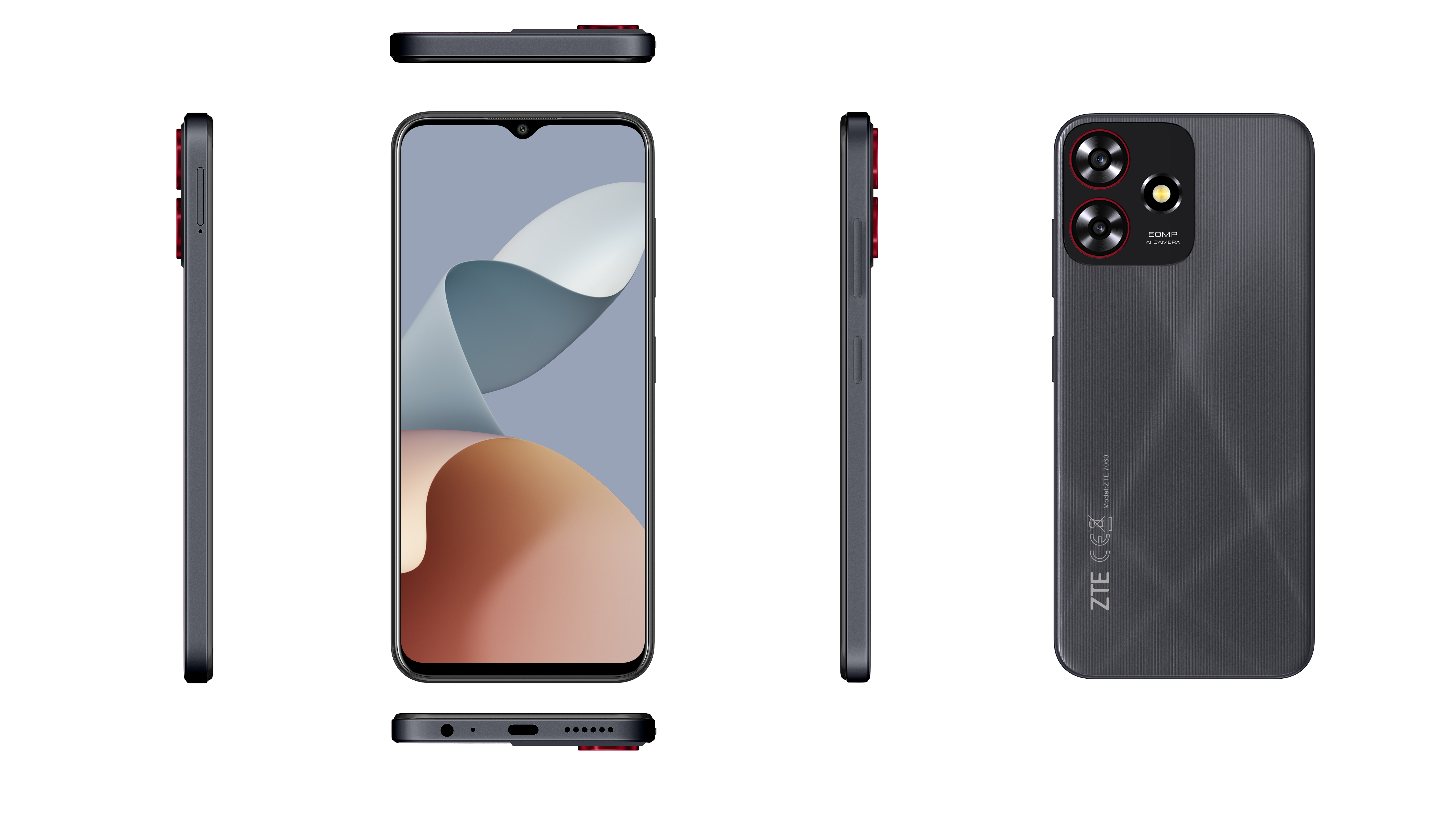 Mehrere Ansichten eines schwarzen Smartphones. Die Rückseite hat Kameras.