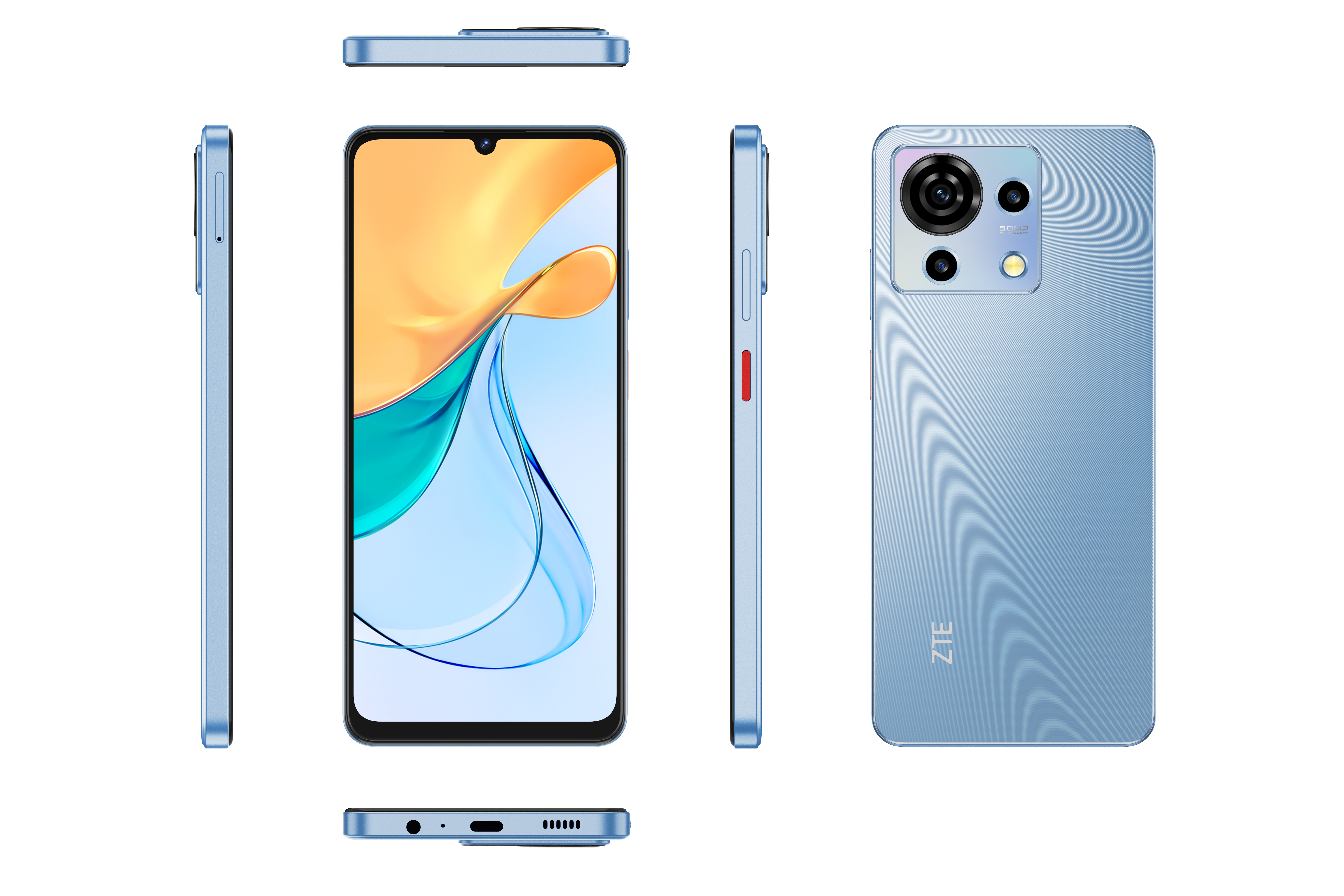 Blaues ZTE-Telefon in verschiedenen Ansichten, Vorder-, Rück- und Seitenansicht.