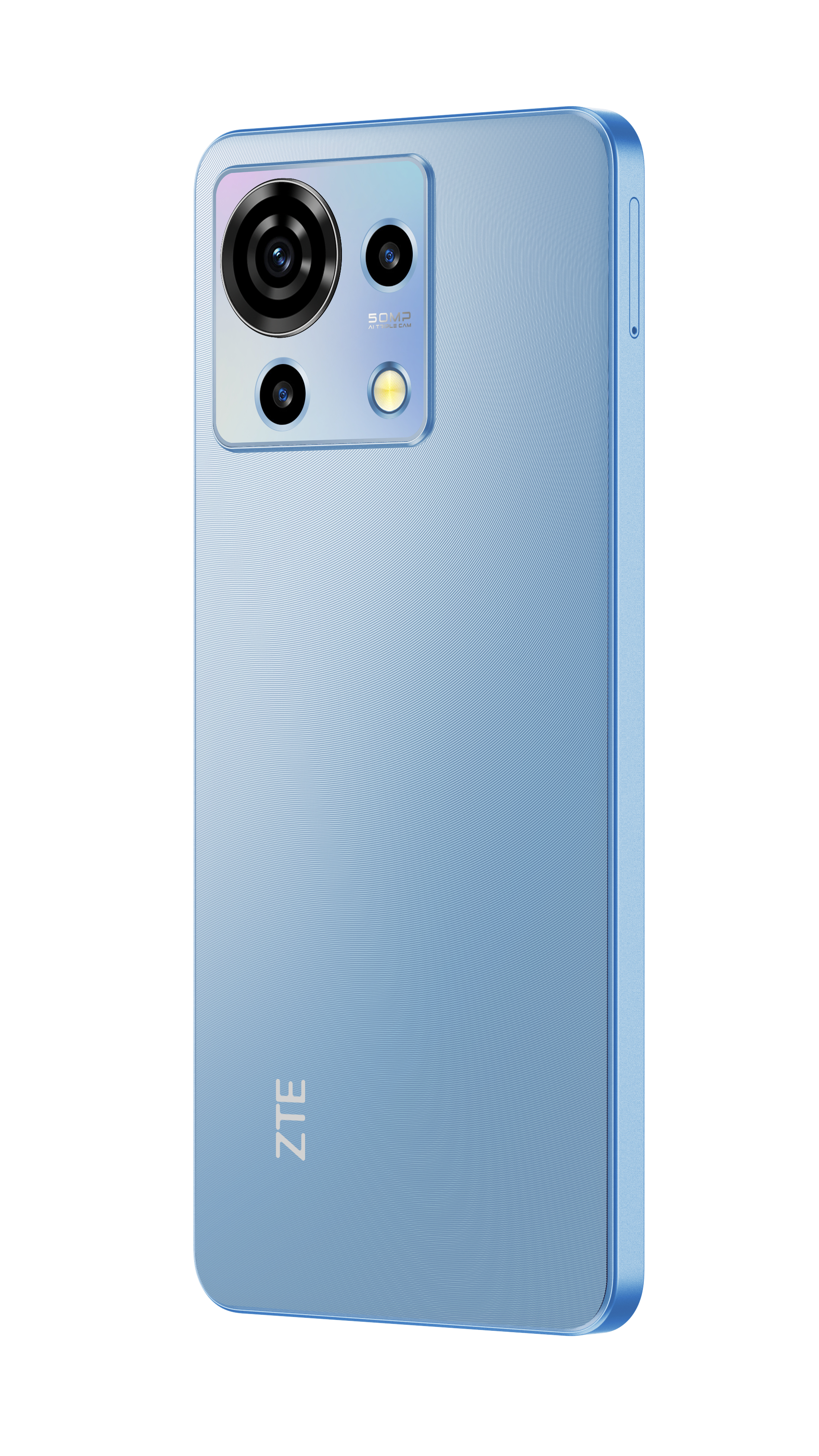 Hellblaues ZTE-Smartphone mit Kameralinsen und dem ZTE-Logo.