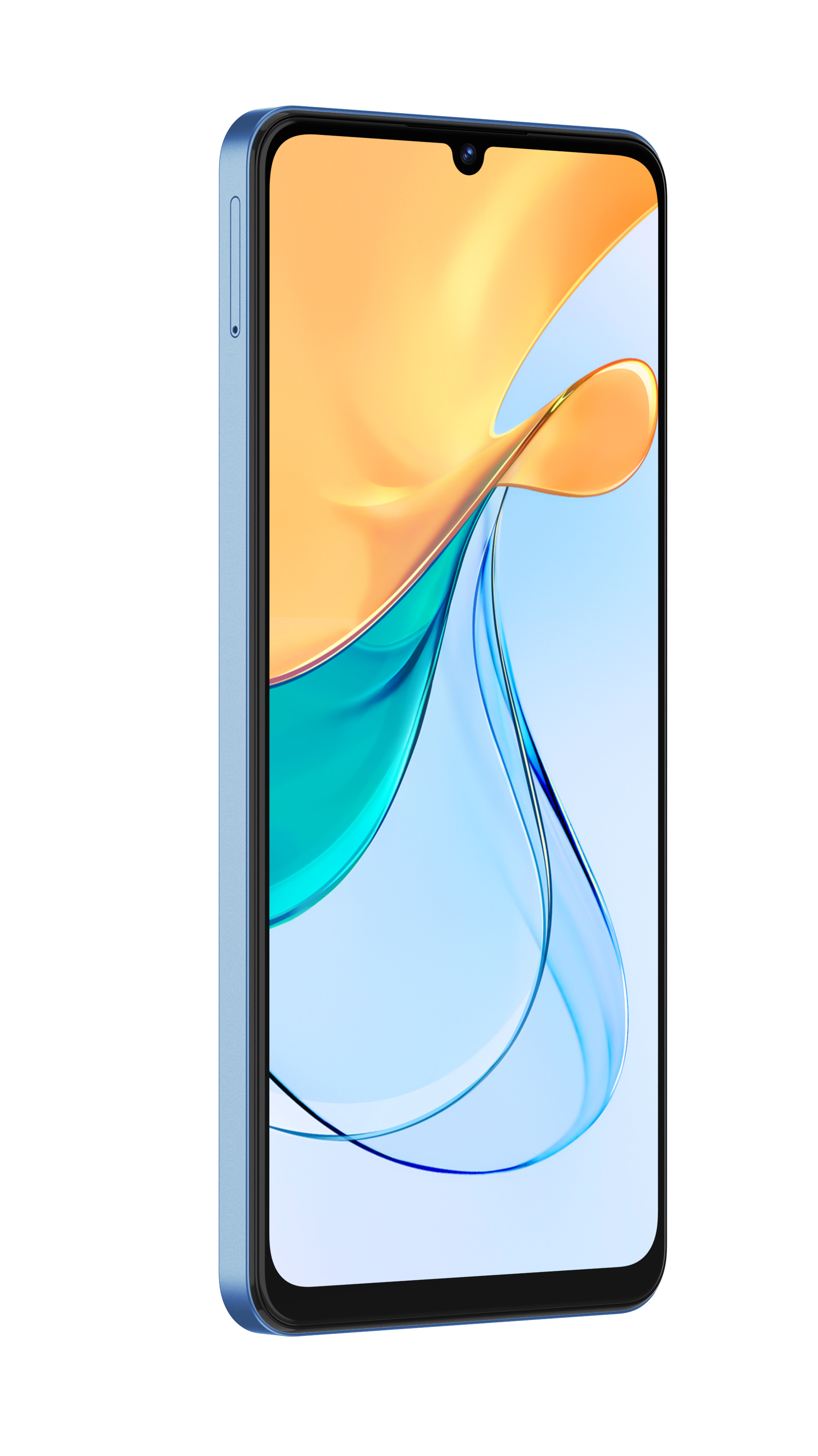 Blaues Smartphone mit eingeschaltetem Bildschirm, abstrakte orangefarbene und blaue Grafiken. Schräge Ansicht auf weißem Hintergrund.